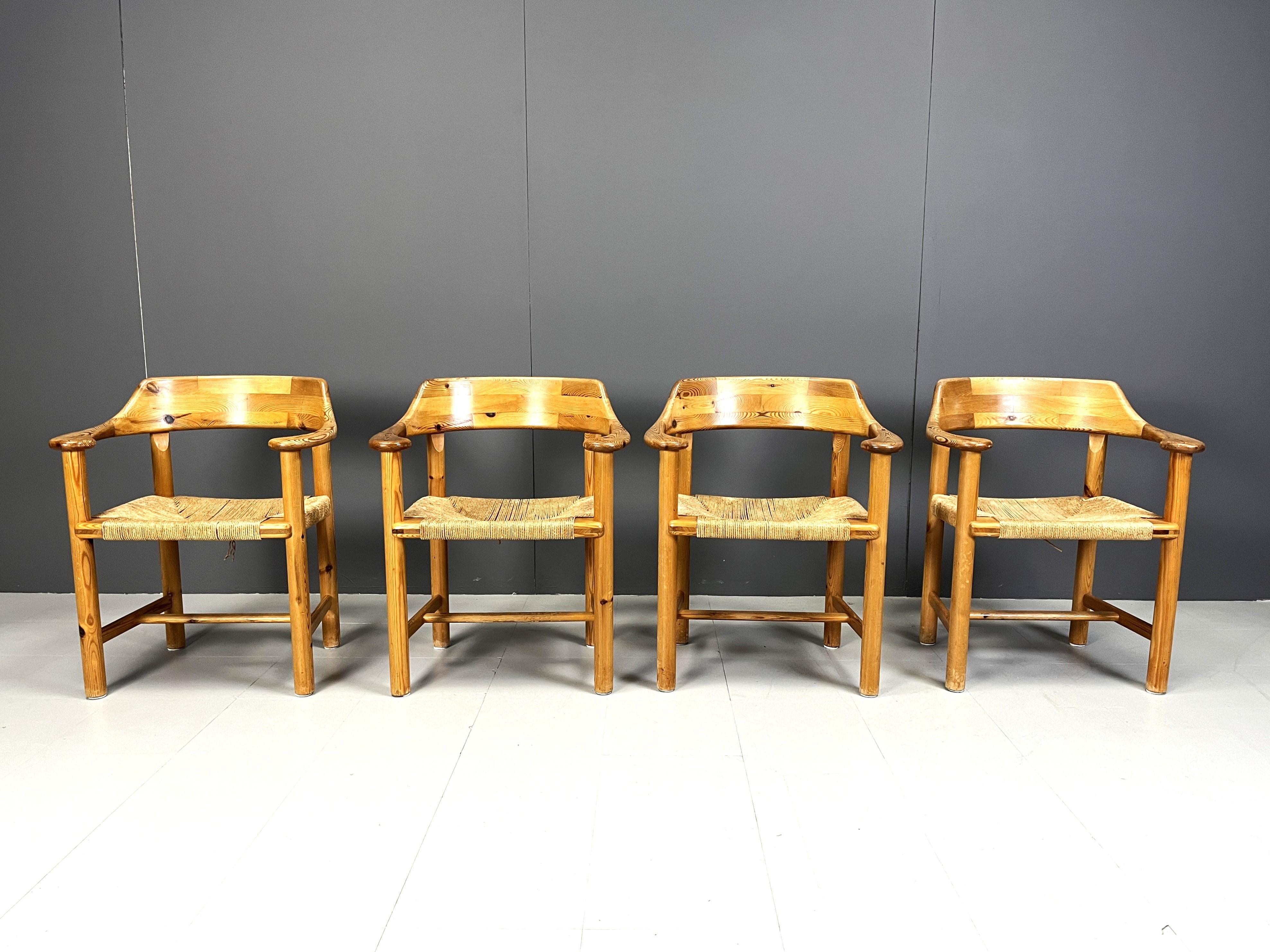Set of 4 Scandinavian solid pine wood dining chairs by Rainer Daumilier for Hirtshals Savvaerk

Solid chairs with papercord seats.

Timeless and can be combined in lots of interiors.

Good condition

1970s - Denmark 

Dimensions:
Height: