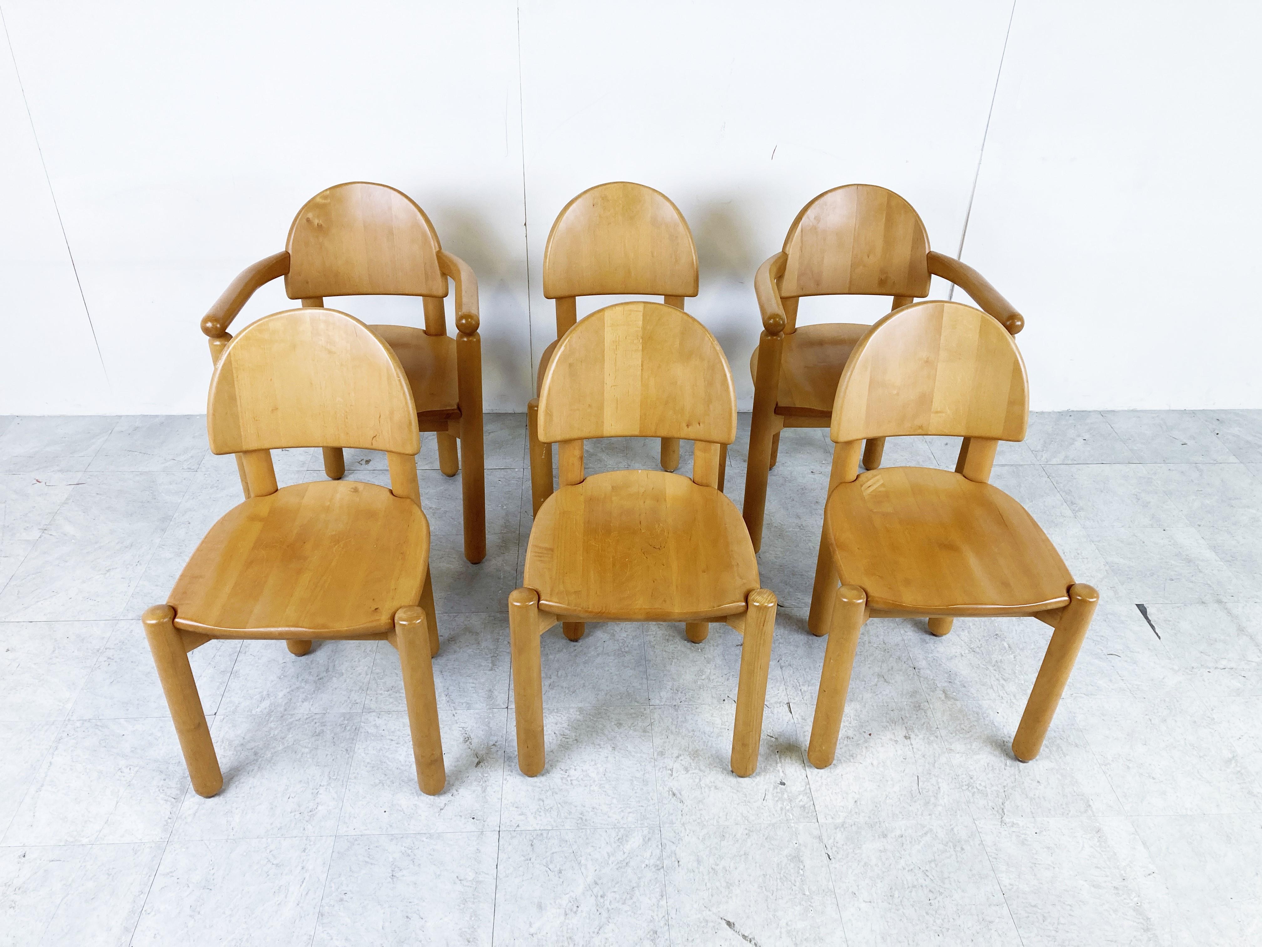 Set of 6 scandinavian solid pine wood dining chairs by Rainer Daumilier for Hirtshals Savvaerk

Four without and two with armrests.

The chairs are in good condition.

Nicely shaped armrests and seats.

Beautiful timeless design.

Good