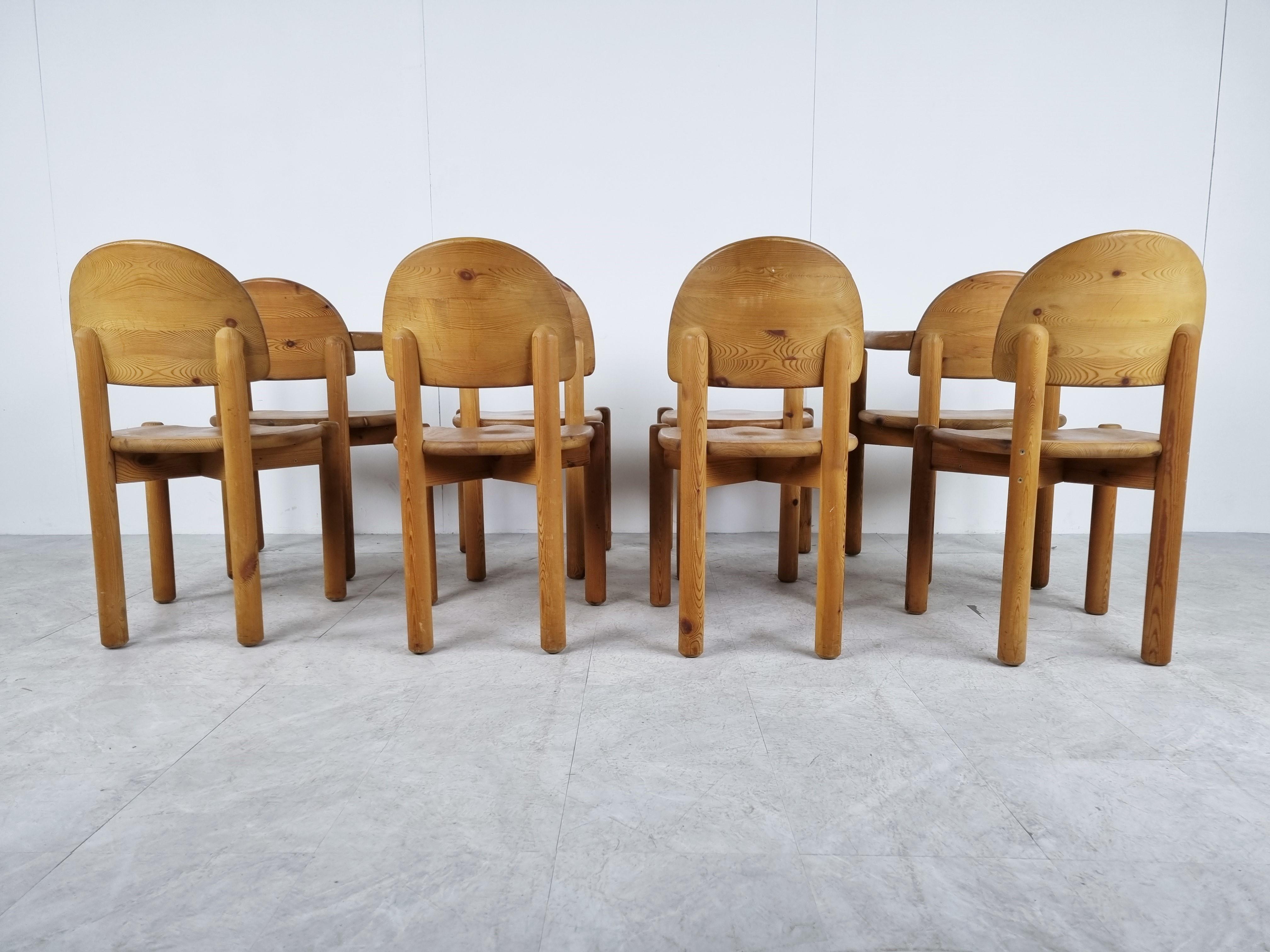 Set of 8 scandinavian solid pine wood dining chairs by Rainer Daumilier for Hirtshals Savvaerk

Six without and two with armrests.

The chairs are in good condition.

Nicely shaped armrests and seats.

Beautiful timeless design.

Good