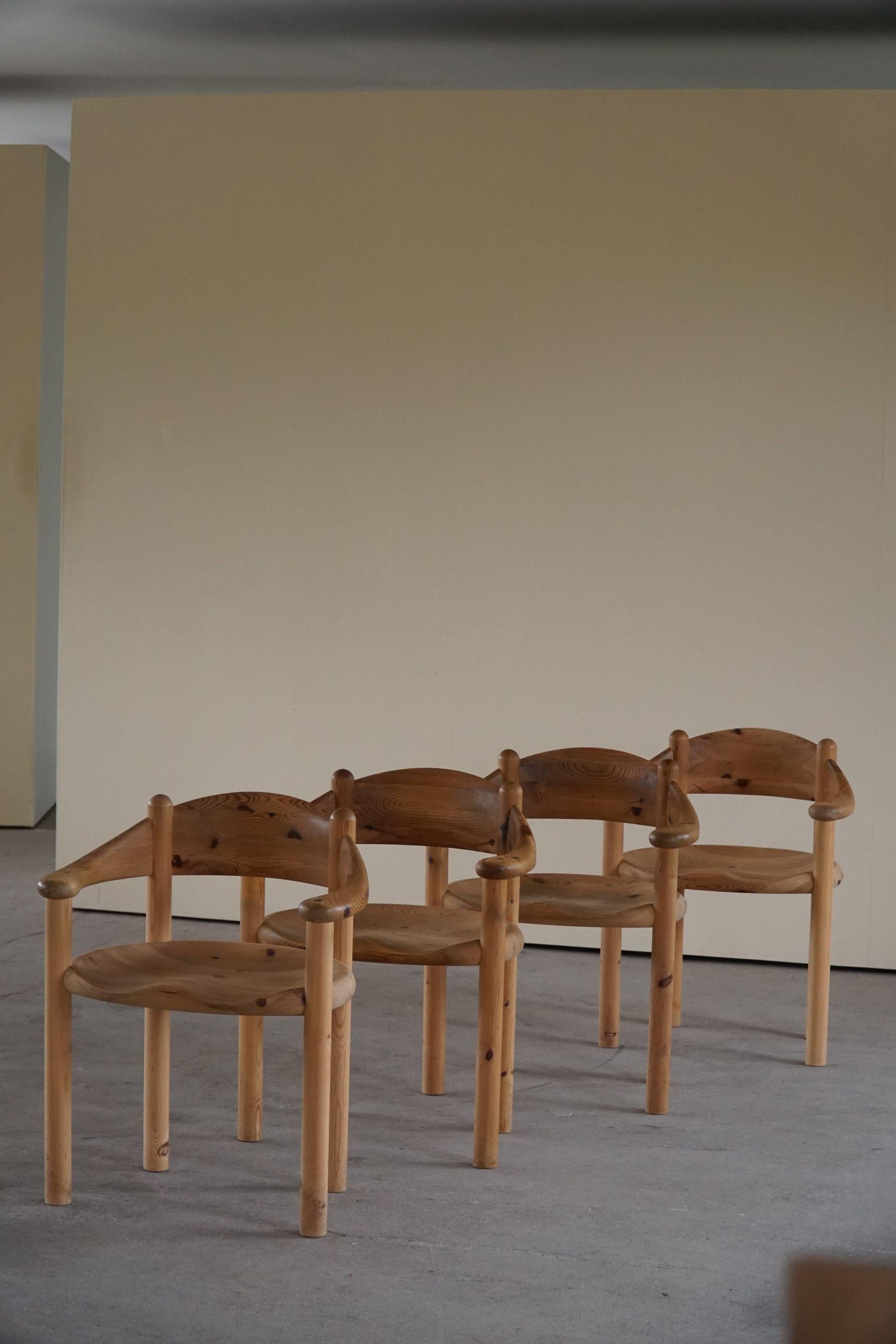 Brutalist Rainer Daumiller, Set of 4 Dining Chairs in Solid Pine, Danish Modern, 1970s