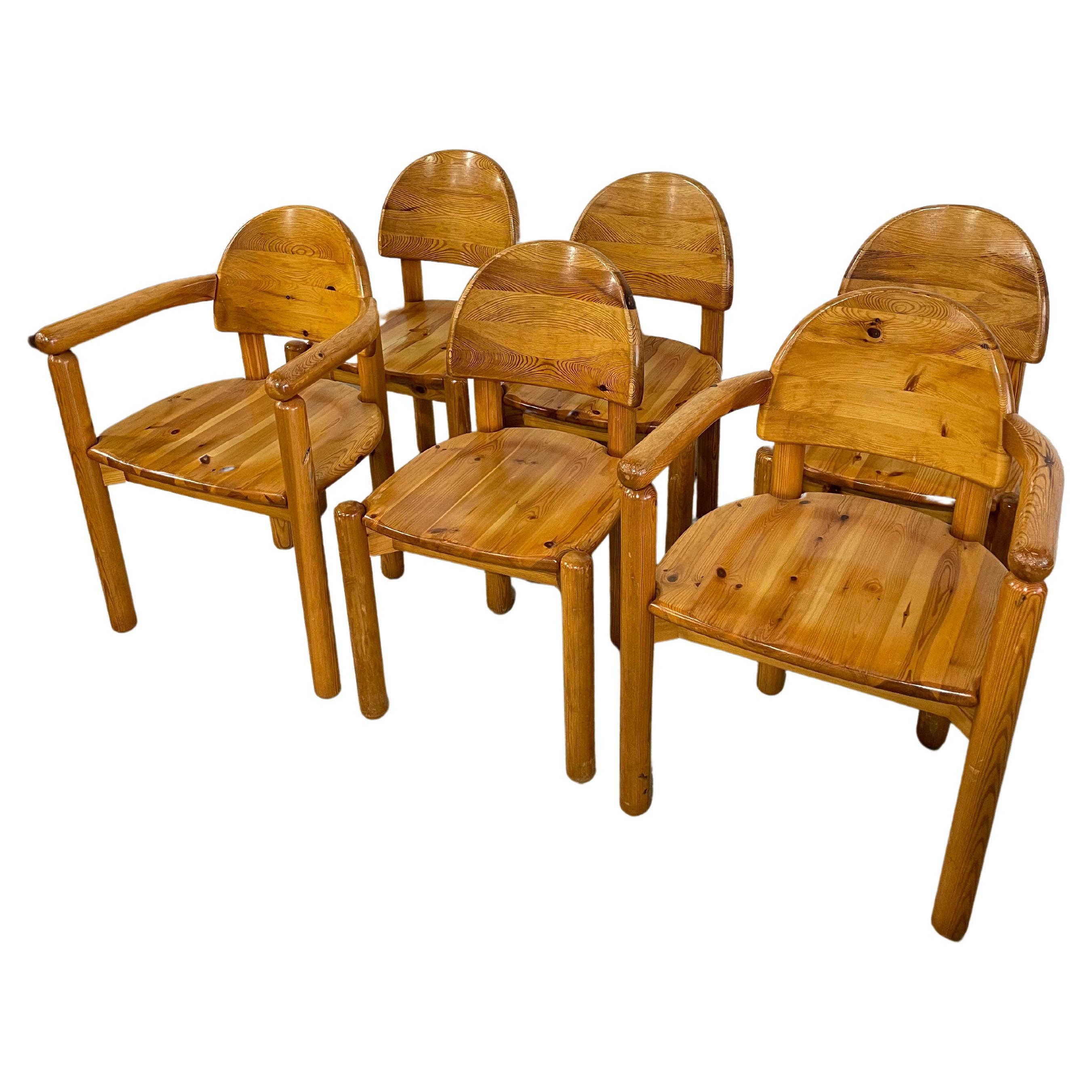 Mid-century by Rainer Daumiller chairs for Hirtshals Savvaerk, Denmark, 1970’s. Solid pine. Set of 6. 2 Arm chairs and 4 side chairs.
Arm chairs 22.5 W 20 D 32 H 17.5 seat
Side chairs 19 W 18 D 32 H 17.5 seat
