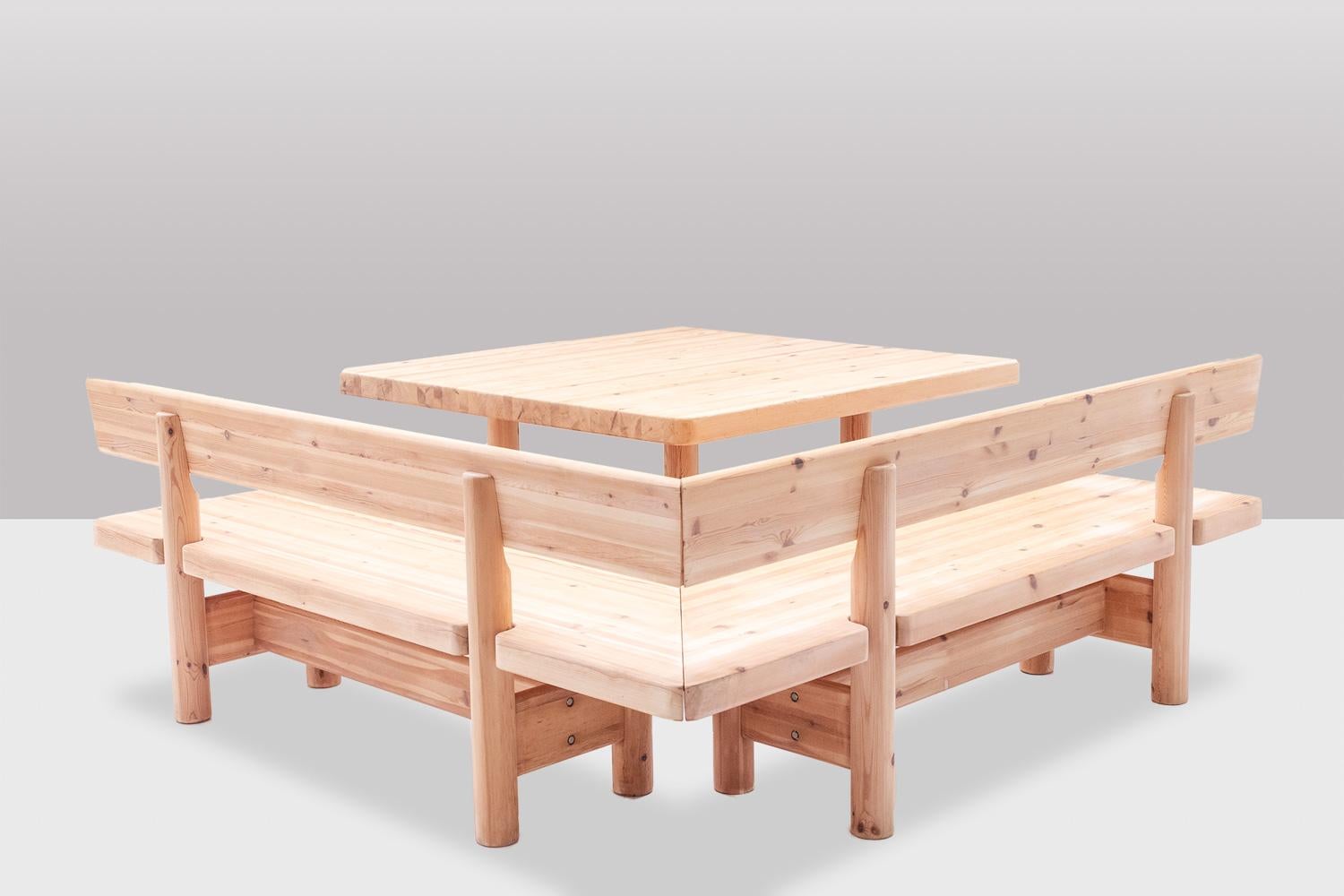 French Rainer Daumiller. Set of a table and two benches in larch. 1980s. LS57051009B For Sale