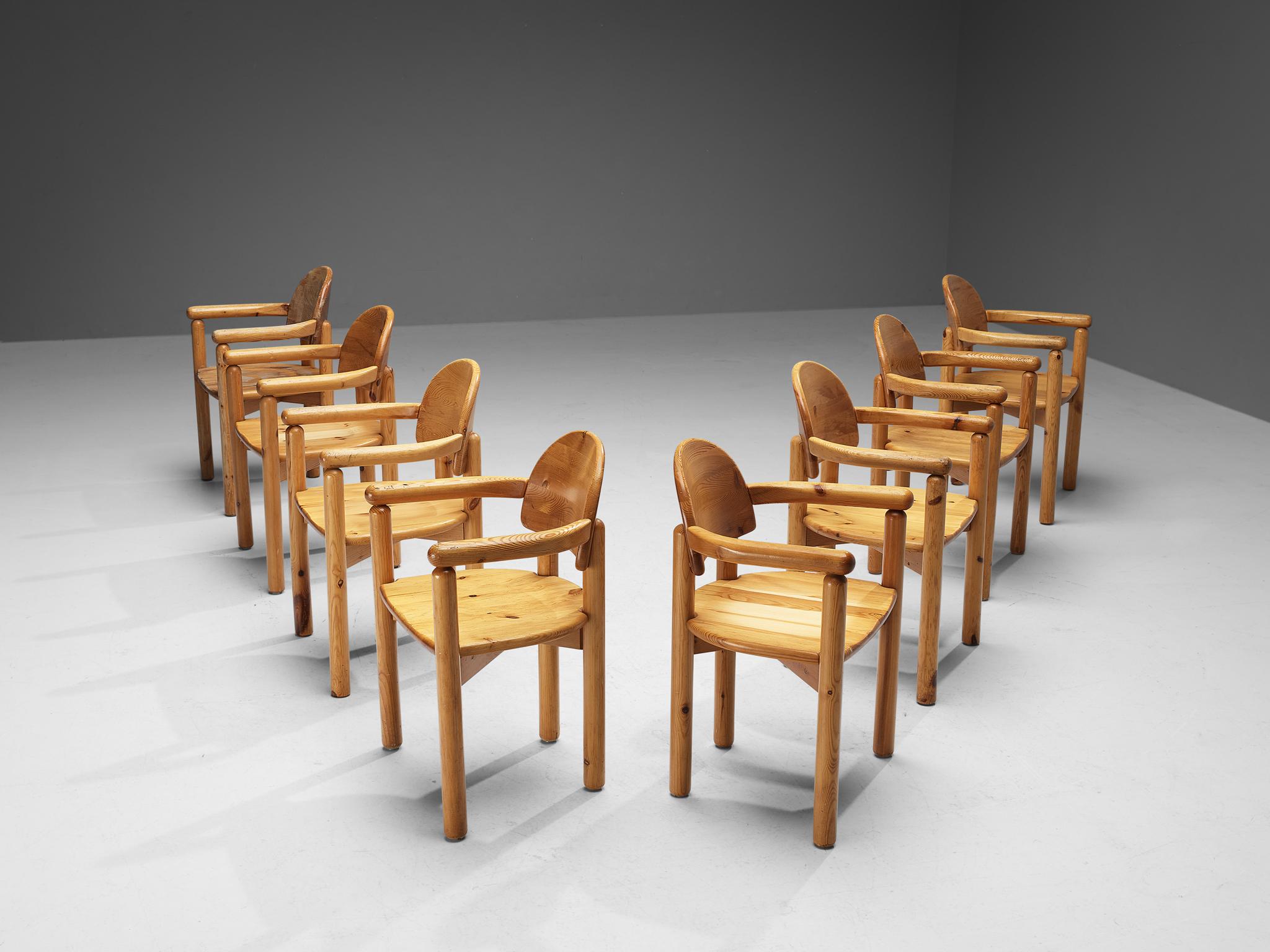 Rainer Daumiller for Hirtshals Sawmill, set of eight dining chairs, pine, Denmark, 1970s

These armchairs by Danish designer Rainer Daumiller have multiple stunning features. The vivid grain of the warm pine wood contributes to the natural