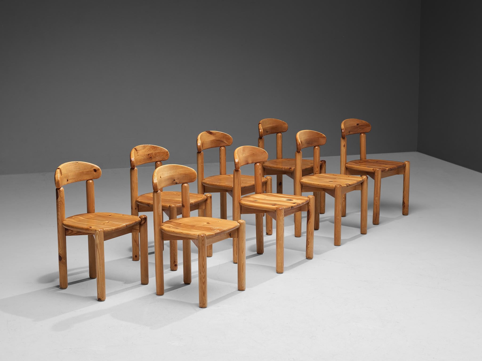 Rainer Daumiller for Hirtshals Sawmill, set of eight dining chairs, pine, Denmark, 1970s

This set of eight comfortable and natural dining chairs is designed by Rainer Daumiller in the 1970s. These chairs hold a very organic and easy appearance.