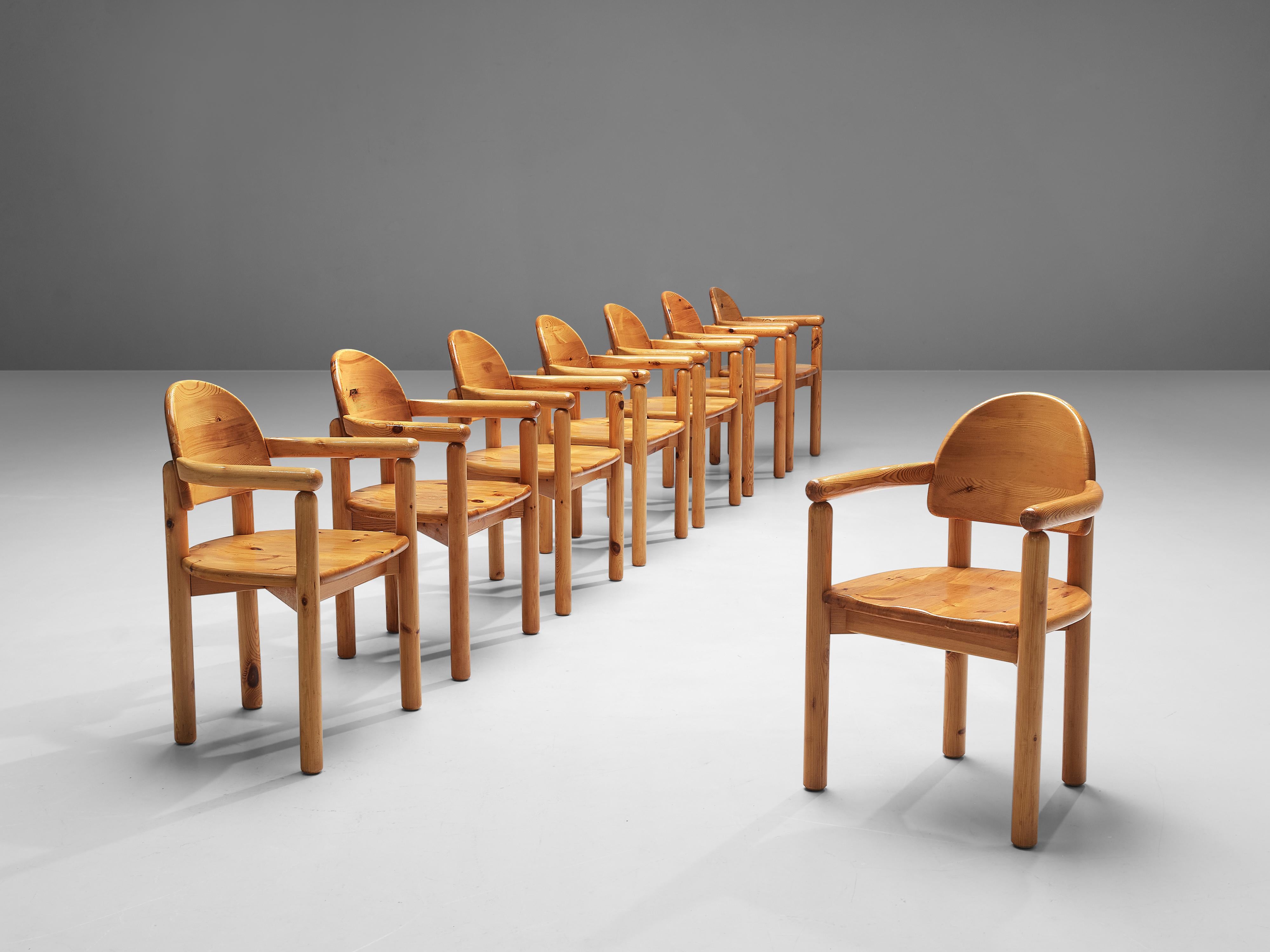 Rainer Daumiller for Hirtshals Savvaerk, set of eight armchairs, pine, Denmark, 1970s
 
These dining chairs by Danish designer Rainer Daumiller have multiple beautiful features. The vivid grain of the warm pine wood contributes to the natural