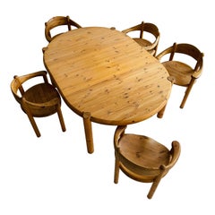 Rainer Daumiller Set of Five Pine Carver Chairs and Dining Table, Denmark, 1970s