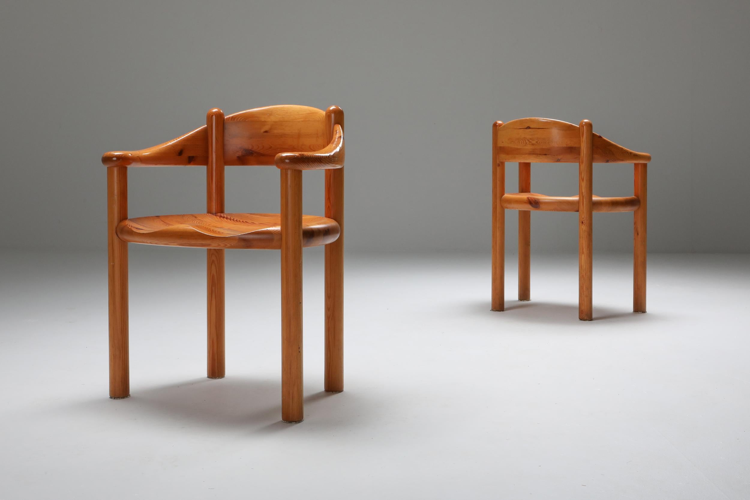 Rainer Daumiller for Hirtshals Savvaerk, set of four armchairs, pine, Denmark, 1970s. 

Set of four armchairs in solid pine. 
A simplistic design with a round seating and full attention for the natural expression and grain of the wood. These