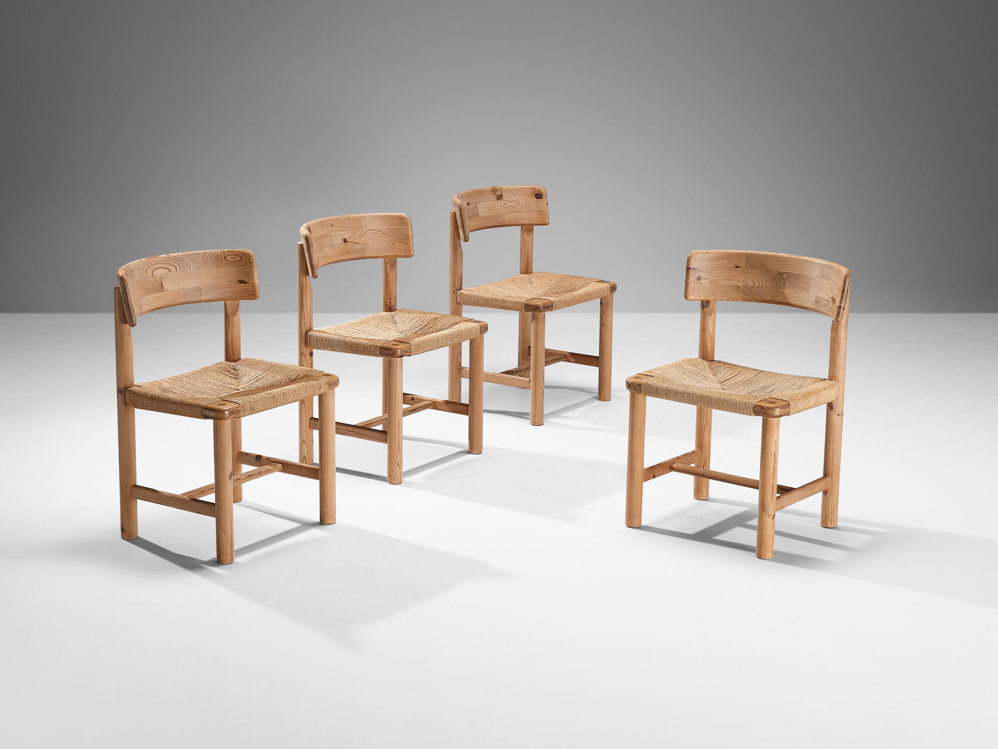 Rainer Daumiller, set of four armchairs, pine, papercord, Denmark, 1970s

Beautiful, organic and natural dining chairs in solid pine. A simplistic design with round edges and attention for the natural expression and grain of the wood. The woven