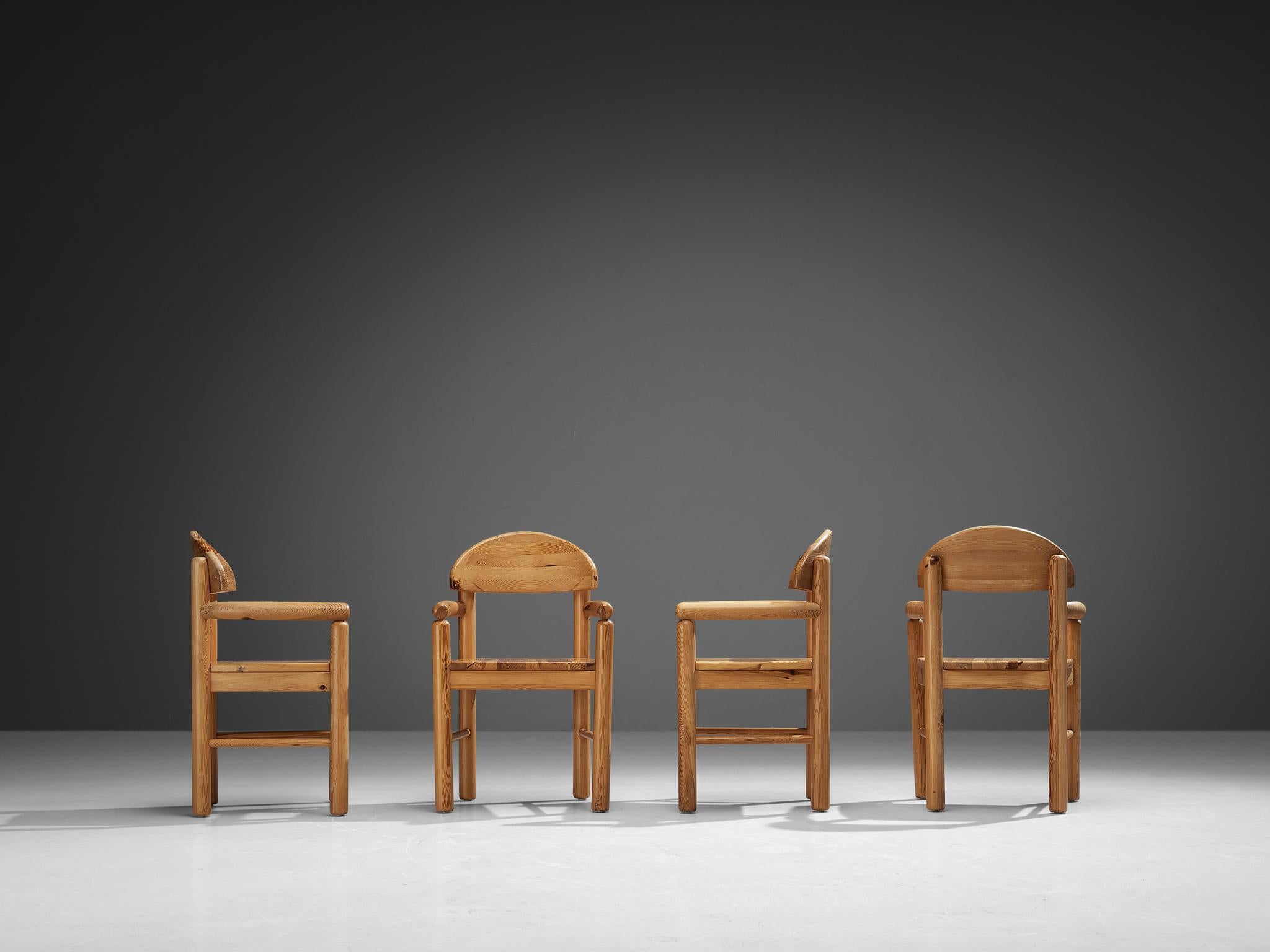 Rainer Daumiller for Hirtshals Sawmill, set of four dining chairs, pine, Denmark, 1970s

This set of armchairs by Danish designer Rainer Daumiller has multiple features. The vivid grain of the warm pine wood contributes to the natural