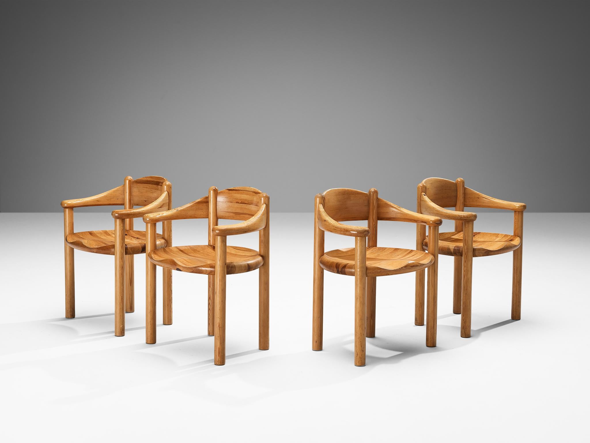Rainer Daumiller for Hirtshals Savvaerk, set of four armchairs, pine, Denmark, 1970s.

Beautiful set of four organic and natural armchairs in solid pine. A simplistic design with a round seating and full attention for the natural expression and