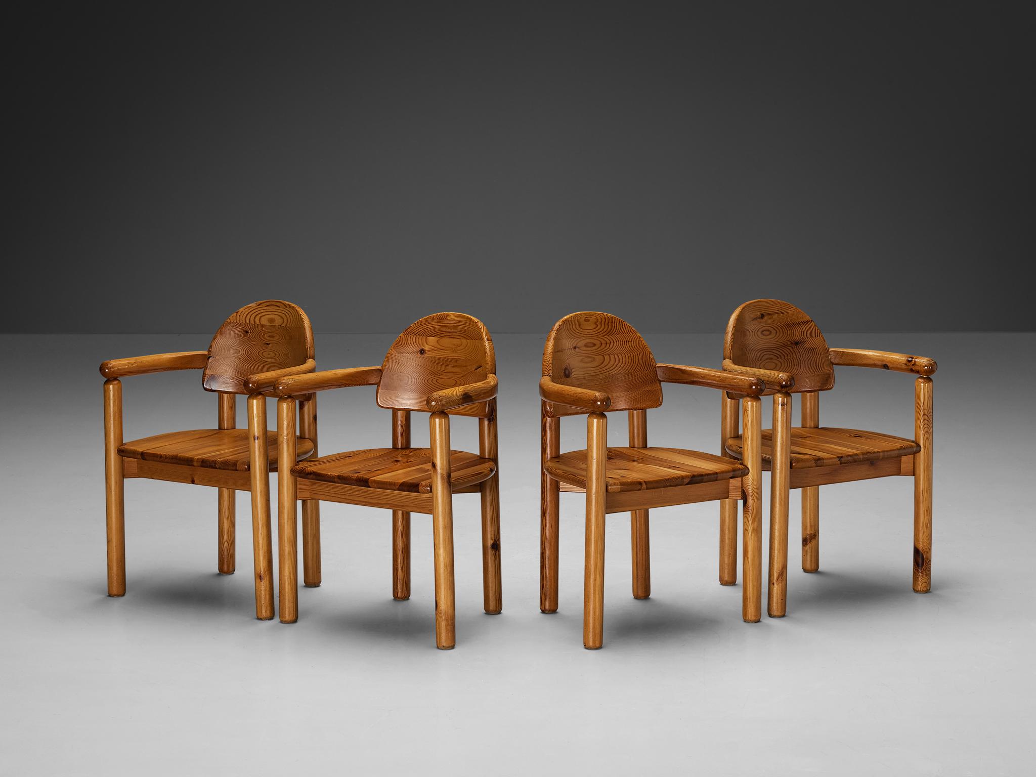 Rainer Daumiller for Hirtshals Savvaerk, set of four armchairs, pine, Denmark, 1970s
 
These dining chairs by Danish designer Rainer Daumiller have multiple features. The vivid grain of the warm pine wood contributes to the natural expressiveness of