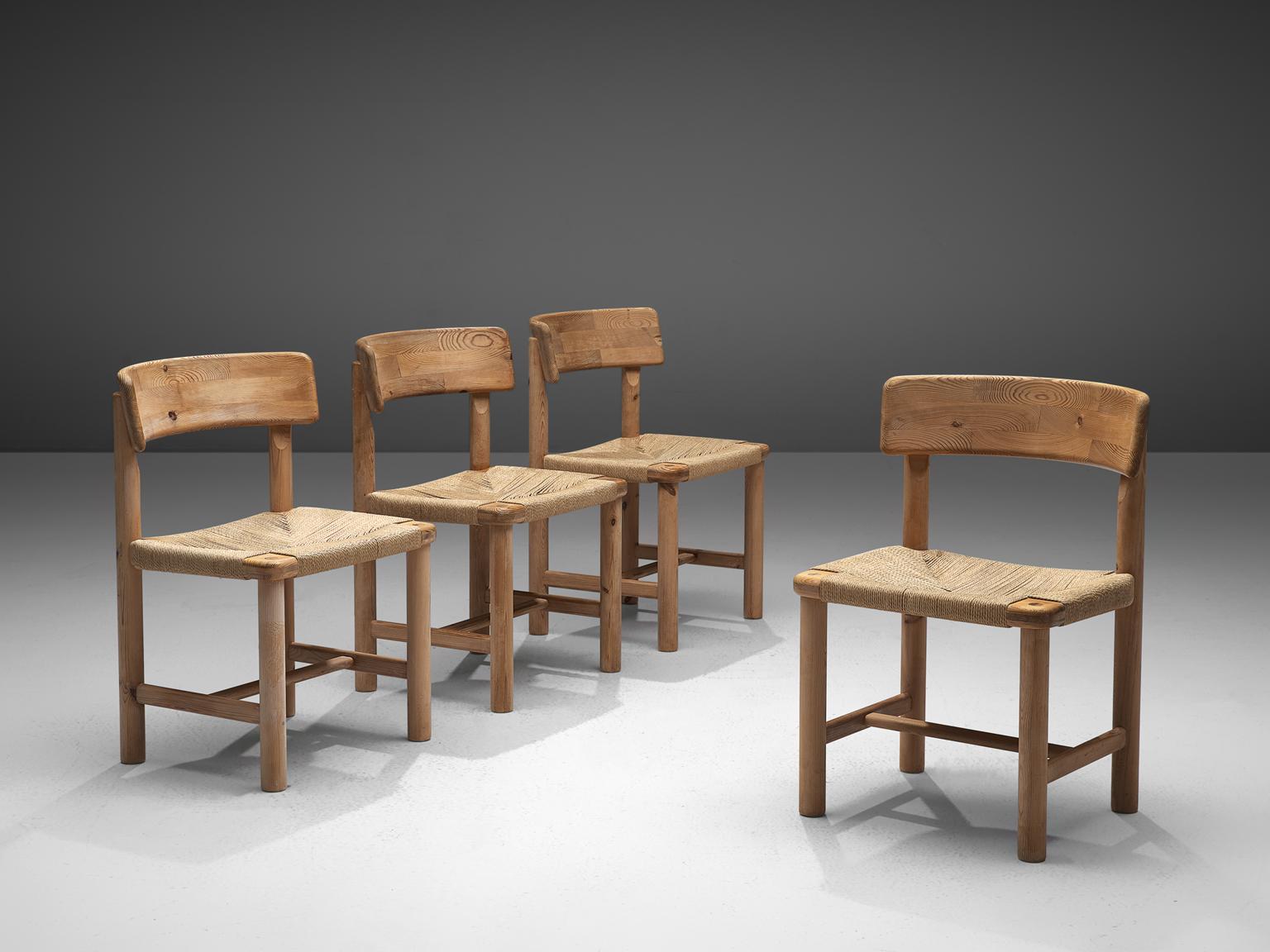 Mid-Century Modern Rainer Daumiller Set of Four Dining Chairs in Solid Pine and Cane