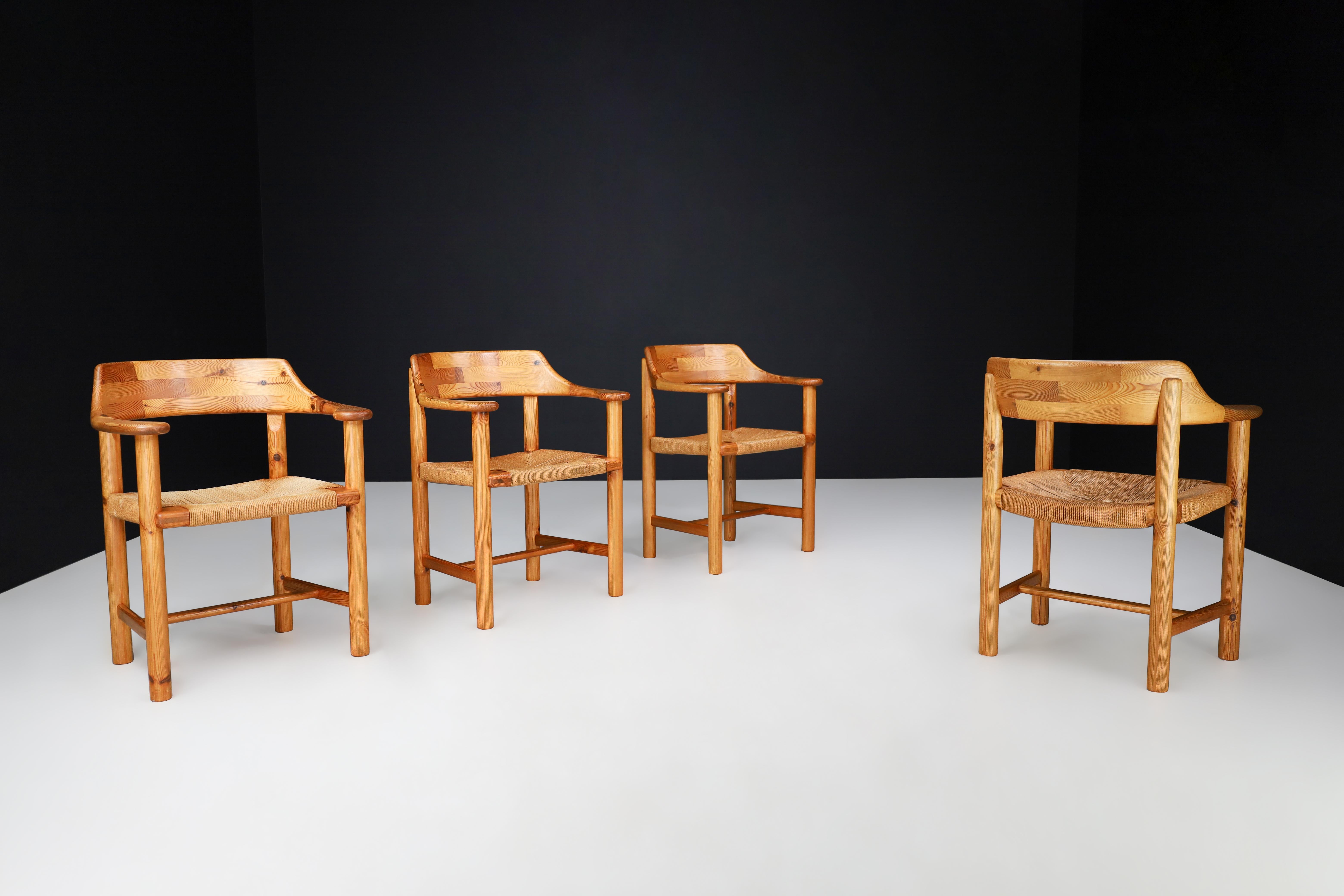 Scandinavian Modern Rainer Daumiller Set of Four Dining Chairs in Solid Pine and cord Seating Sweden For Sale