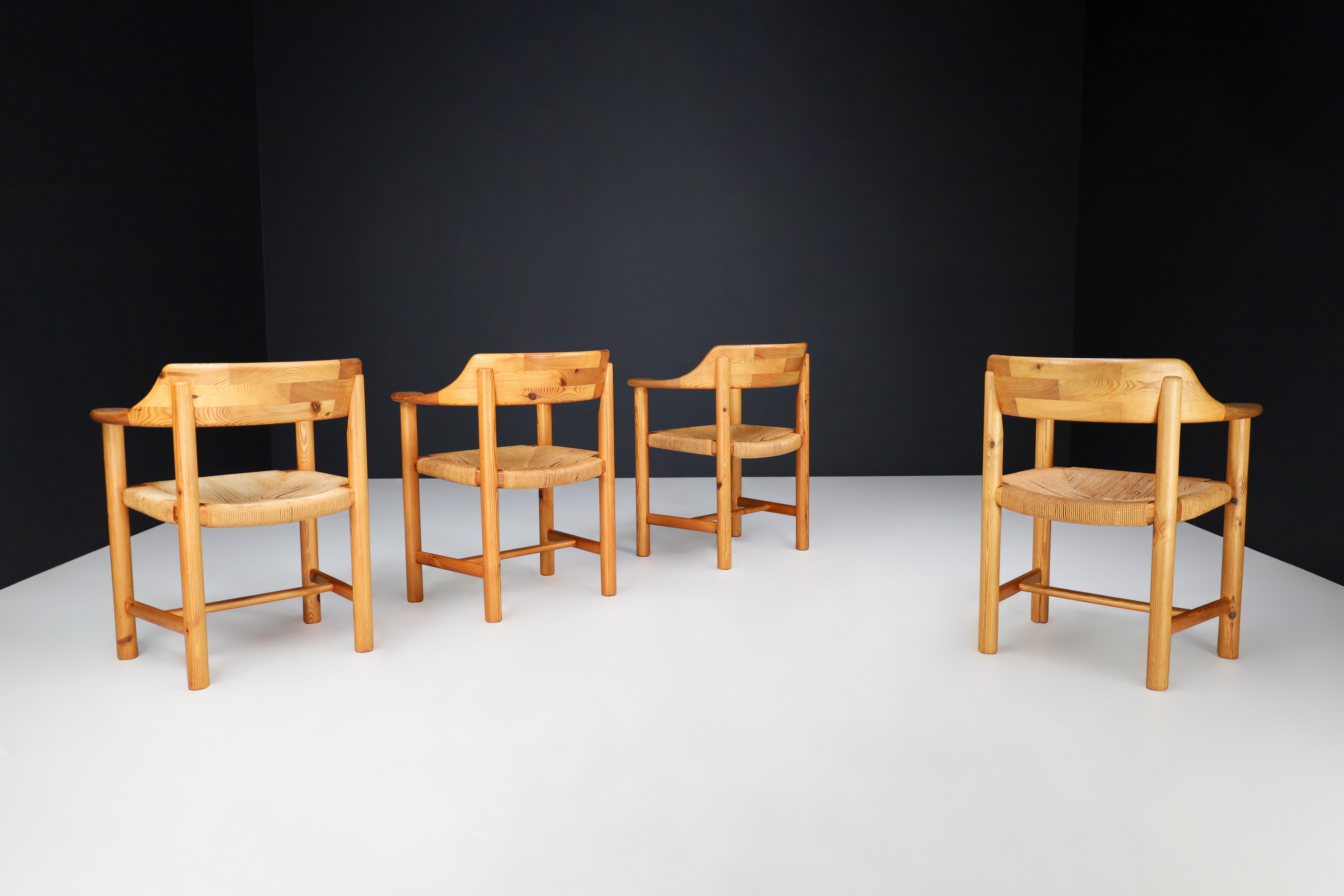 Swedish Rainer Daumiller Set of Four Dining Chairs in Solid Pine and cord Seating Sweden For Sale