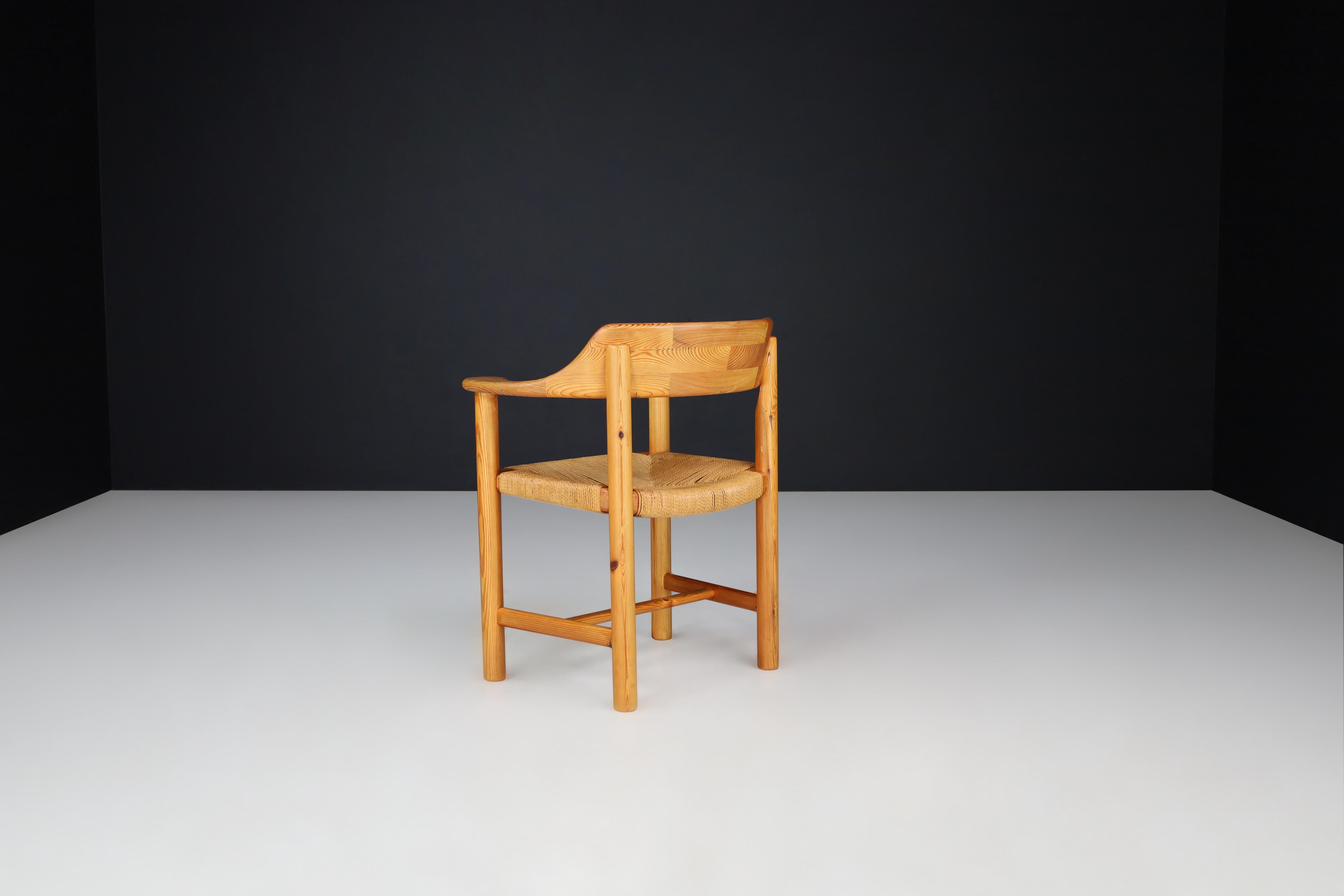 Late 20th Century Rainer Daumiller Set of Four Dining Chairs in Solid Pine and cord Seating Sweden For Sale