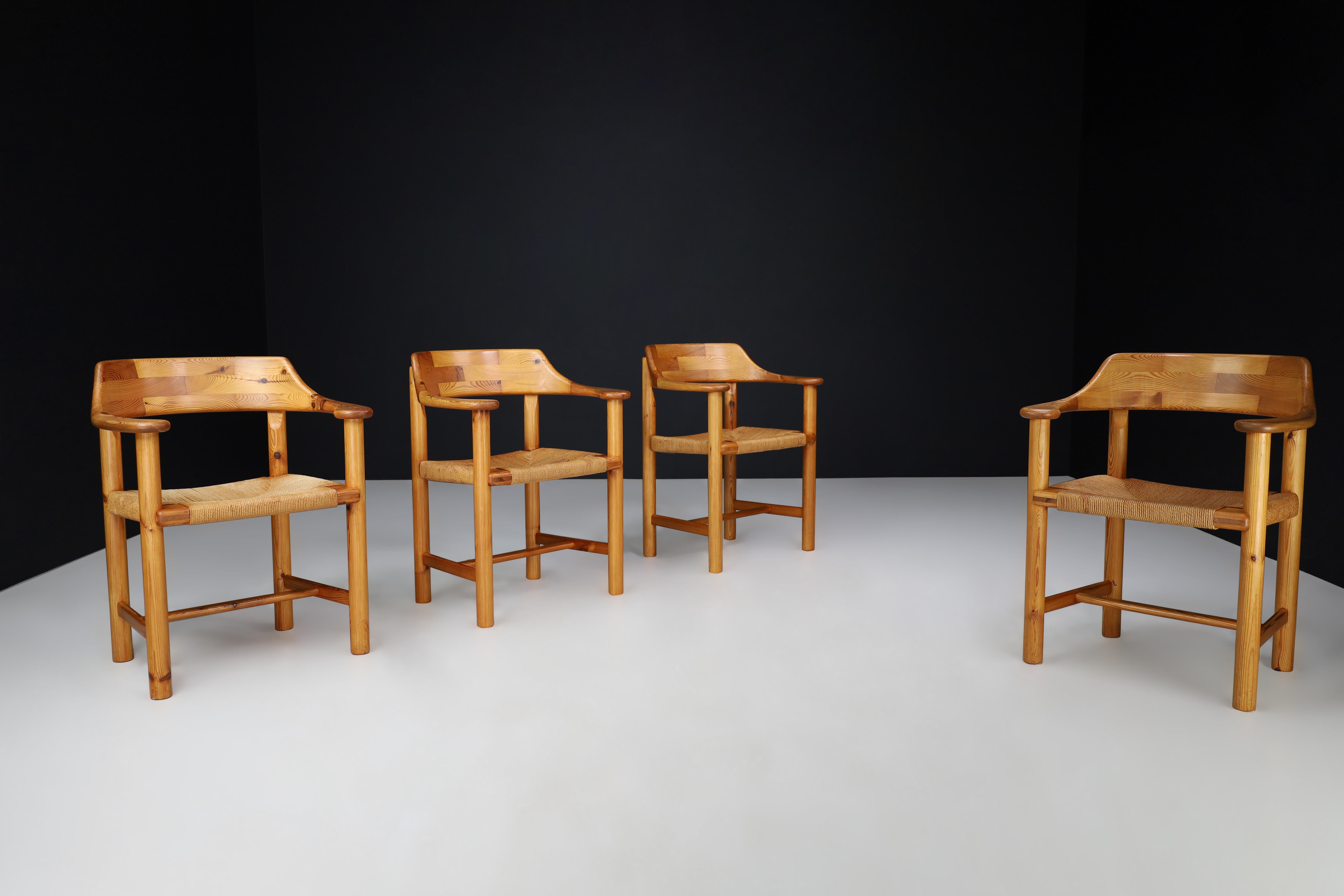 Rainer Daumiller Set of Four Dining Chairs in Solid Pine and cord Seating Sweden For Sale 2