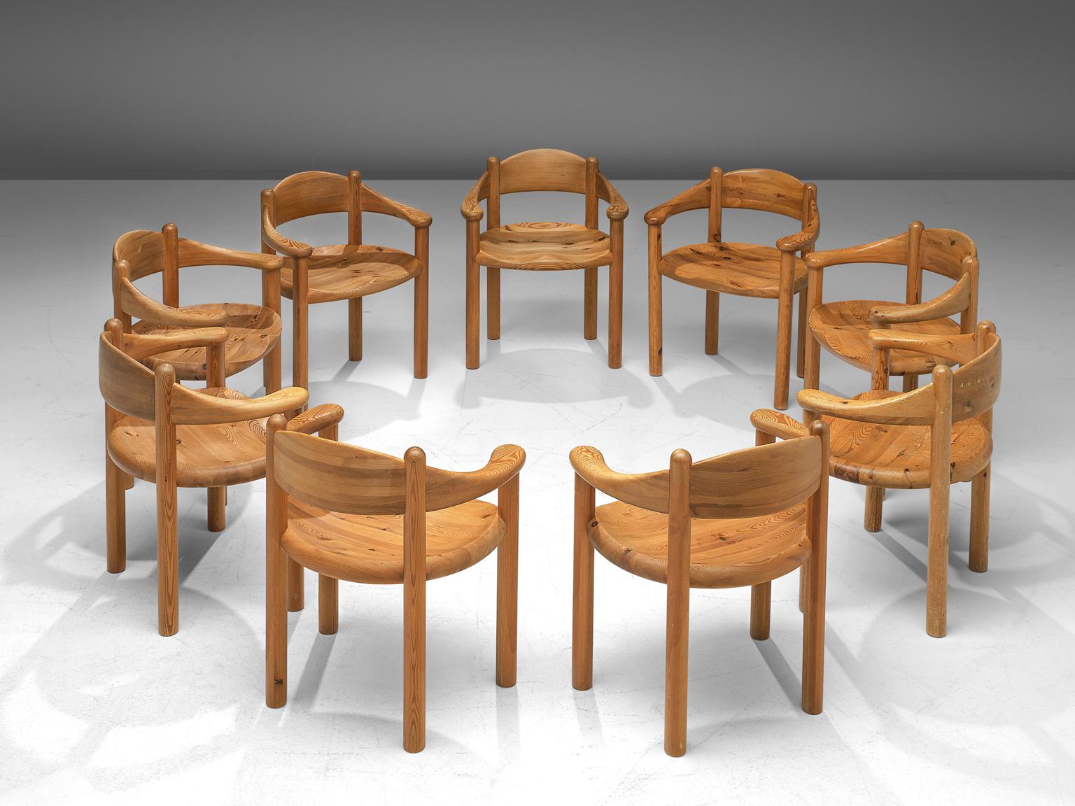 Rainer Daumiller for Hirtshals Savvaerk, set of nine armchairs, pine, Denmark 1970s. 

Beautiful set of nine organic and natural armchairs in solid pine. A simplistic design with a round seating and all attention for the natural expression and