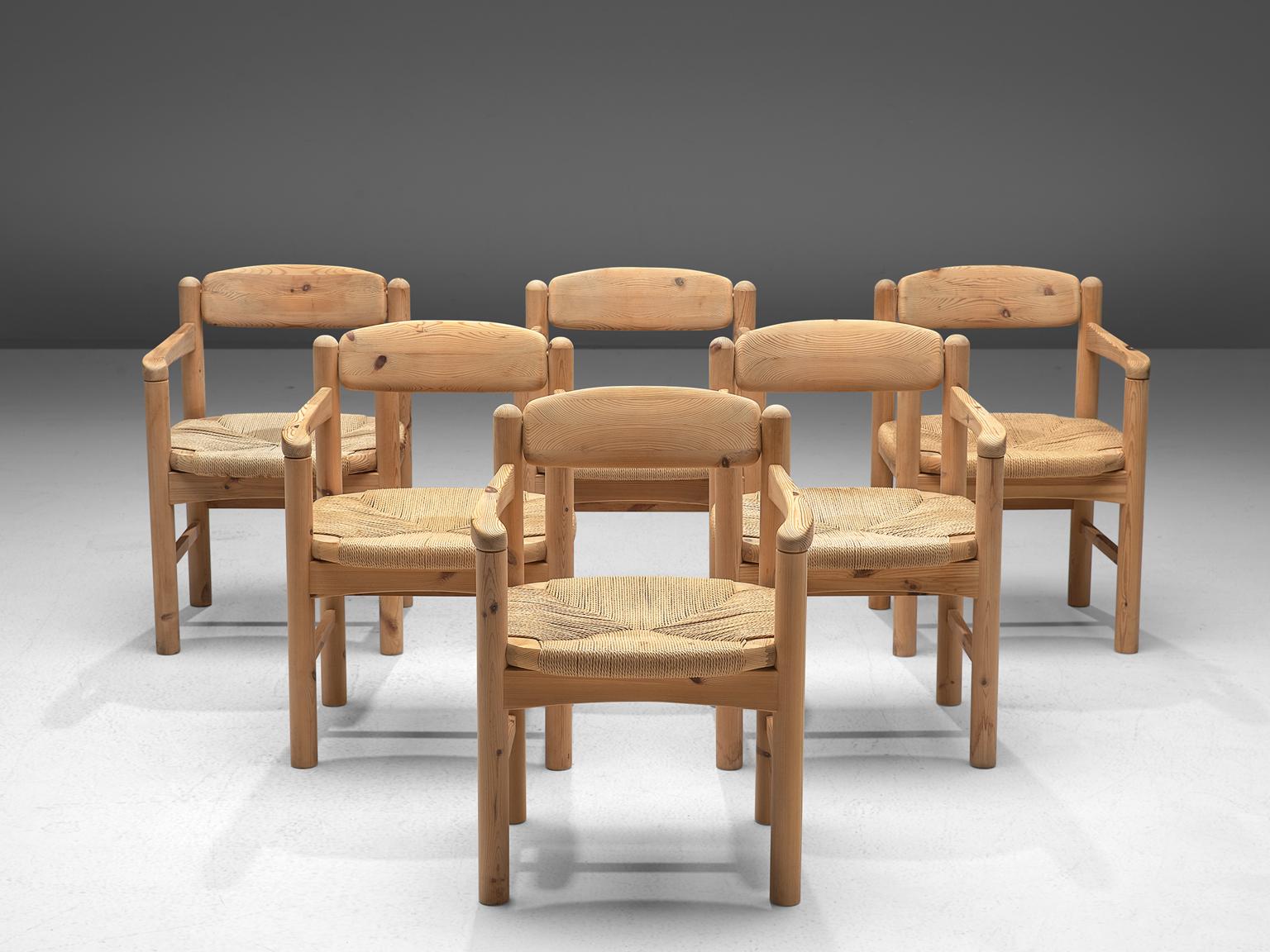 Mid-Century Modern Rainer Daumiller Set of Six Armchairs in Solid Pine and Cane