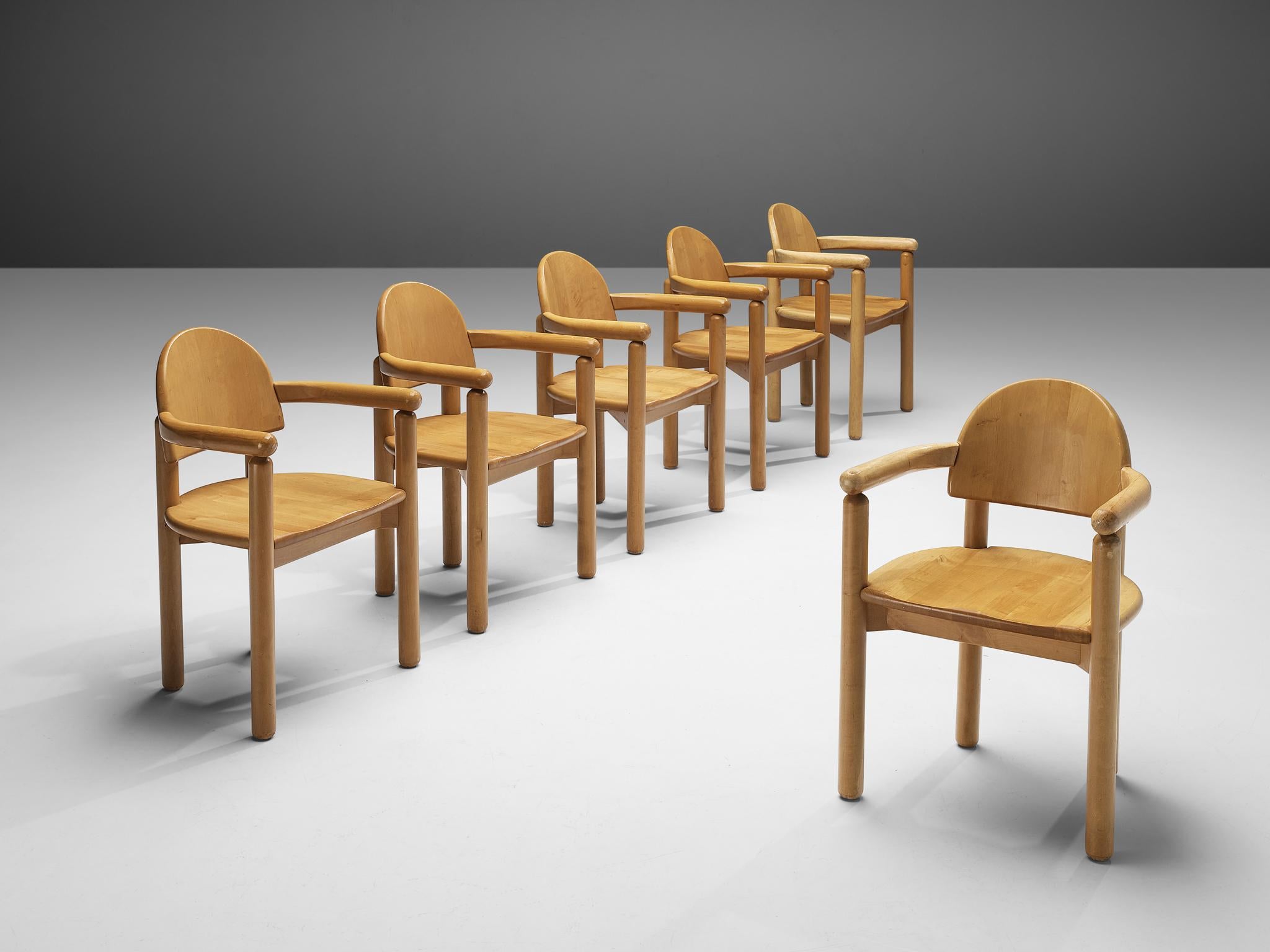 Rainer Daumiller for Hirtshals Savvaerk, set of six armchairs, birch, Denmark, 1970s
 
These dining chairs by Danish designer Rainer Daumiller have multiple features. The grain of the warm birch wood contributes to the natural expressiveness of the