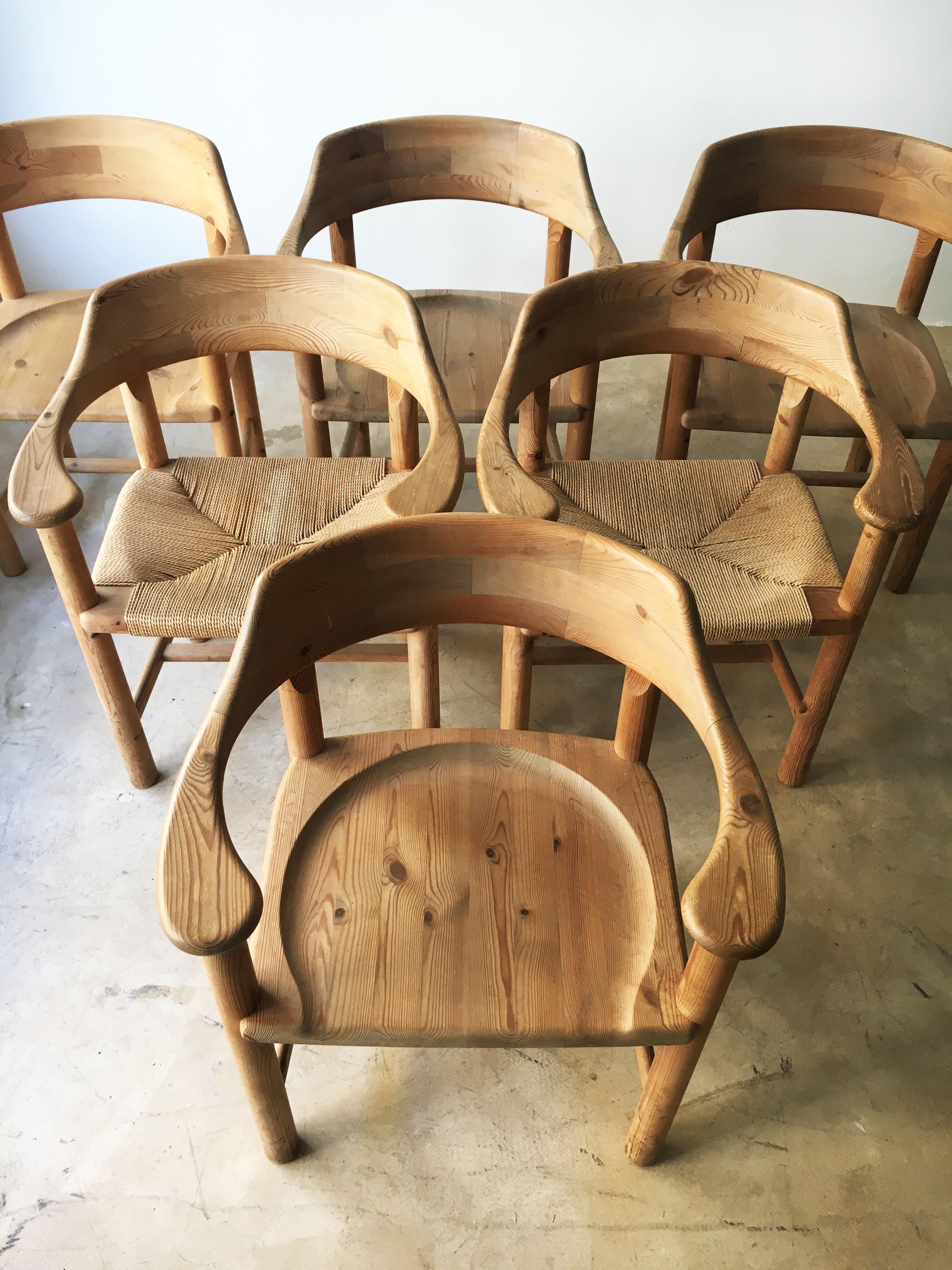 Rainer Daumiller Set of Six Pine and Cord Chairs, Denmark, 1970s. Two chairs with woven cord, four chairs with sculpted pine seat. Style of Pierre Chapo and Charlotte Perriand.