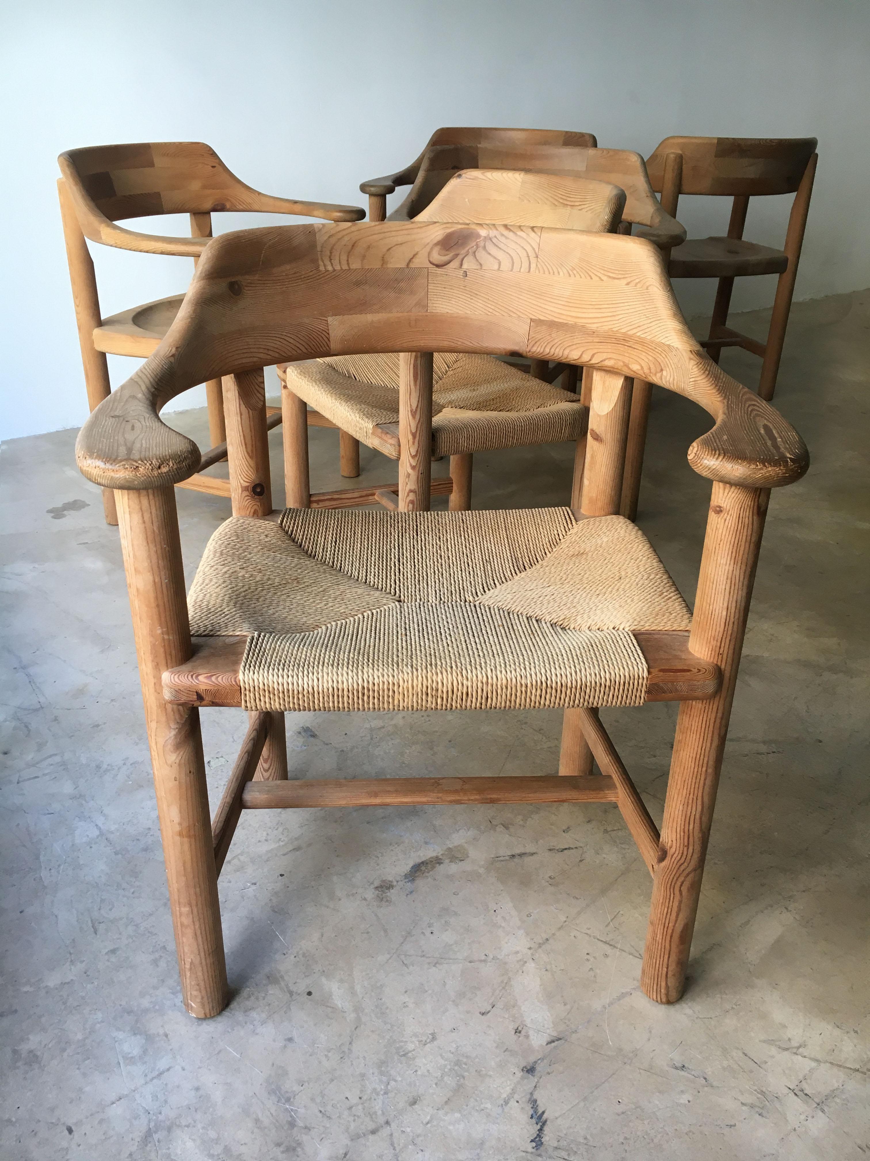 Mid-Century Modern Rainer Daumiller Set of Six Pine and Cord Chairs, Denmark, 1970s