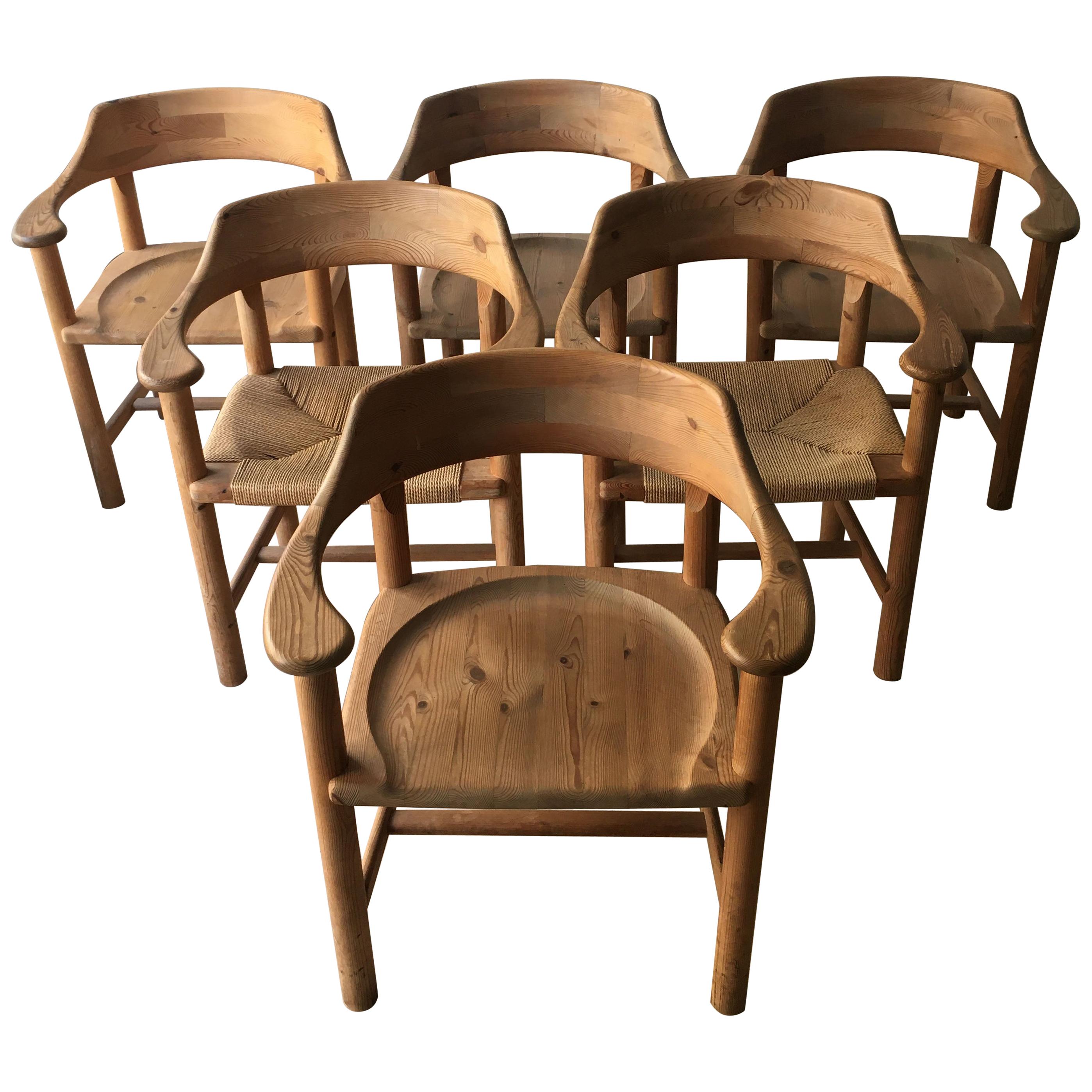 Rainer Daumiller Set of Six Pine and Cord Chairs, Denmark, 1970s