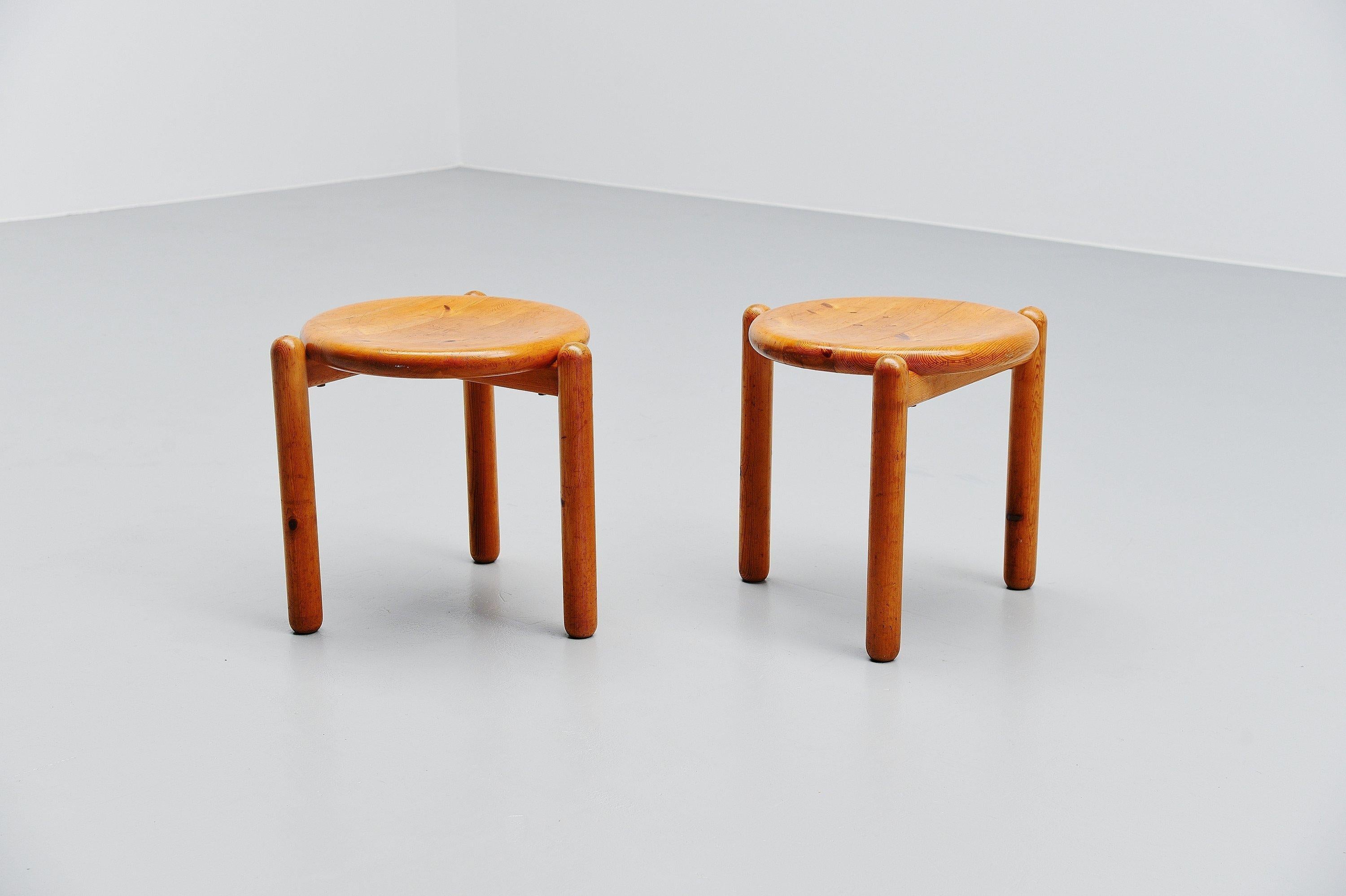 Nice set of 2 stackable stools designed by Rainer Daumiller and manufactured by Hirtshals Sawmill, Denmark 1970. These stools are designed by this Danish architect, you can tell right away. The structural details on these stools and the possibillity