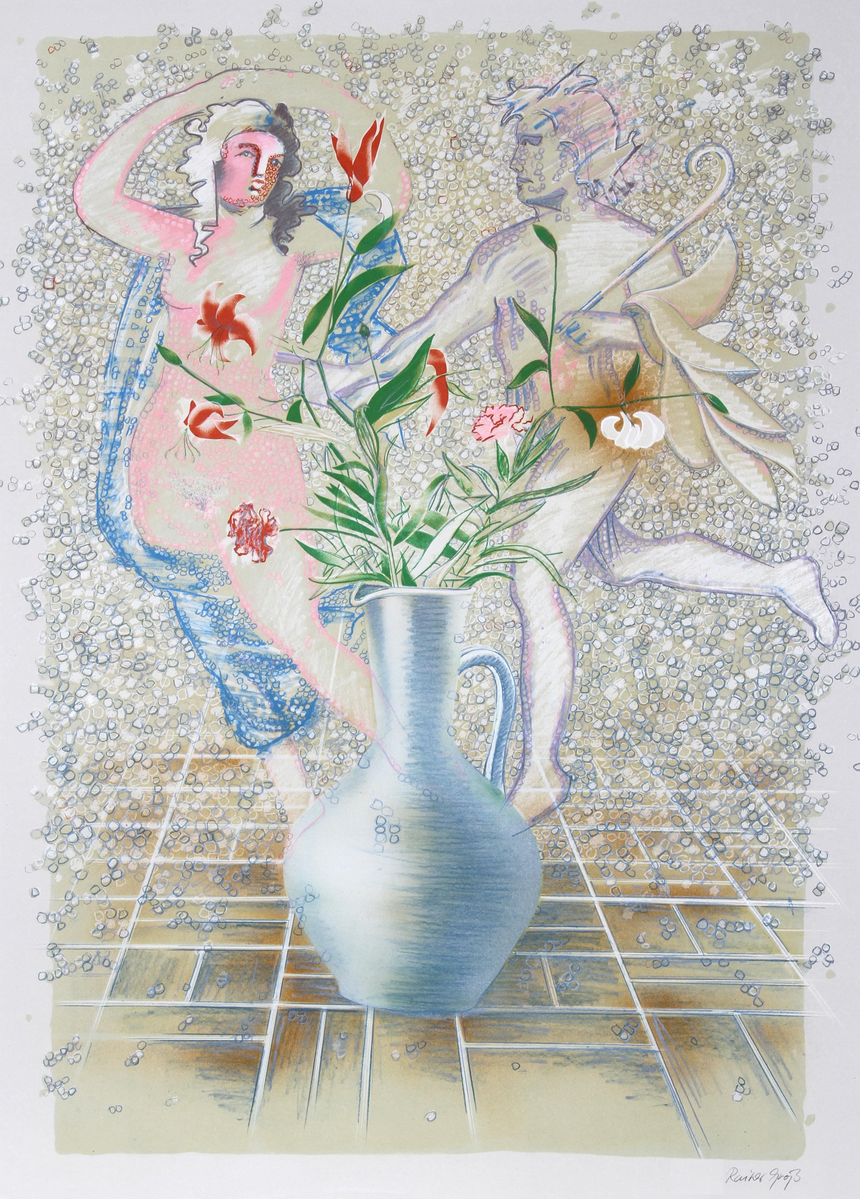 Lilies, Carnations & Stones by Rainer Gross, German (1951)
Date: circa 1980
Lithograph, signed and numbered in pencil
Edition of 200, AP 30
Size: 35.5 in. x 25.5 in. (90.17 cm x 64.77 cm)