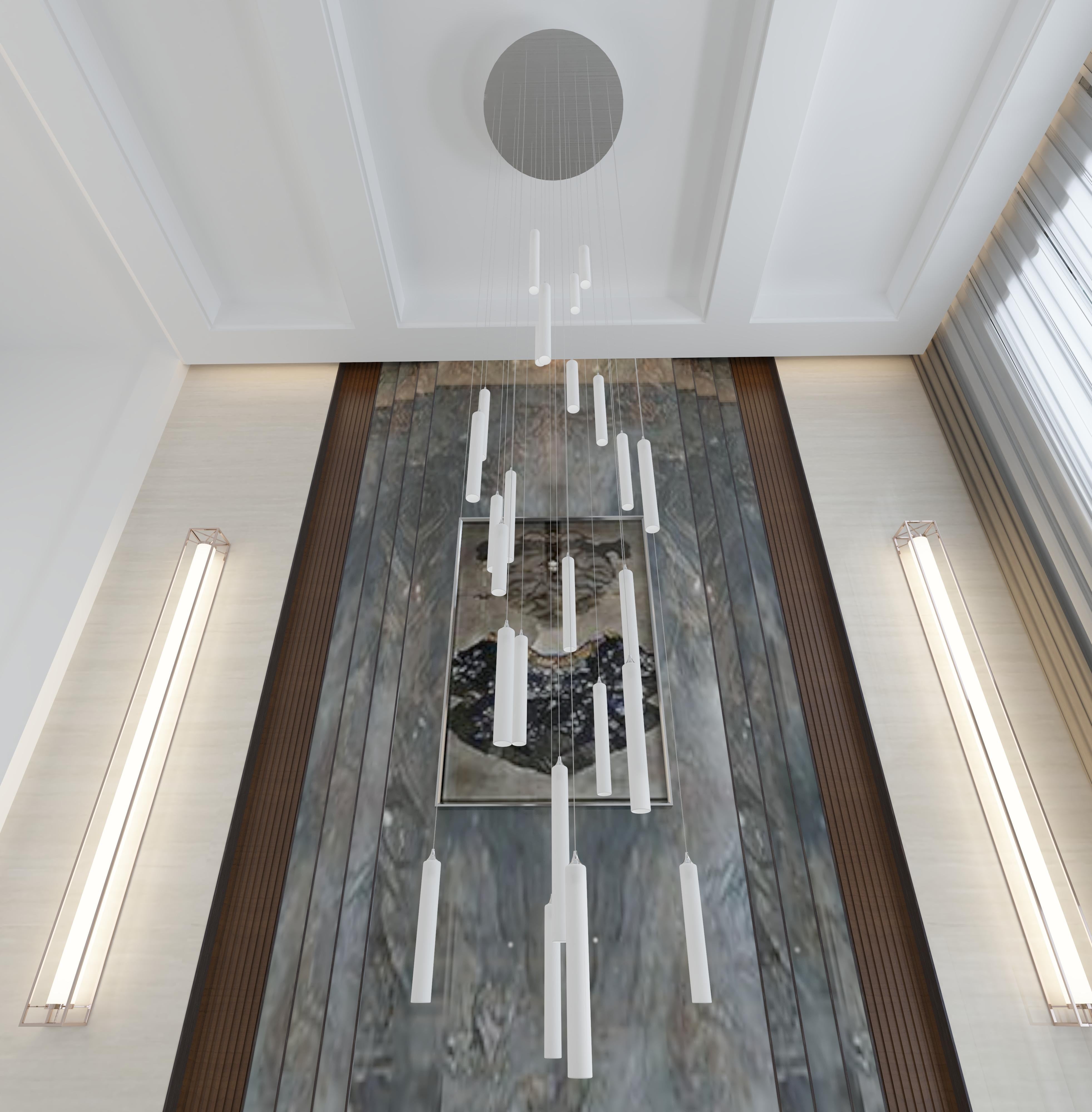 Modern Rainfall Foyer Chandelier with 25 Frosted White Glass Pendants Cylindrical Shape For Sale