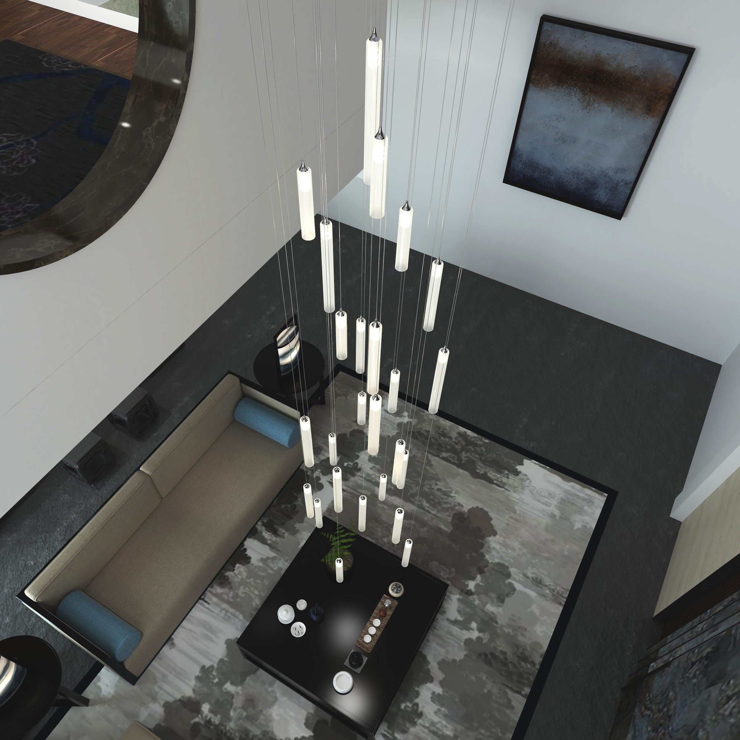 Modern Rainfall Foyer Chandelier with 25 Frosted White Glass Pendants Cylindrical Shape For Sale