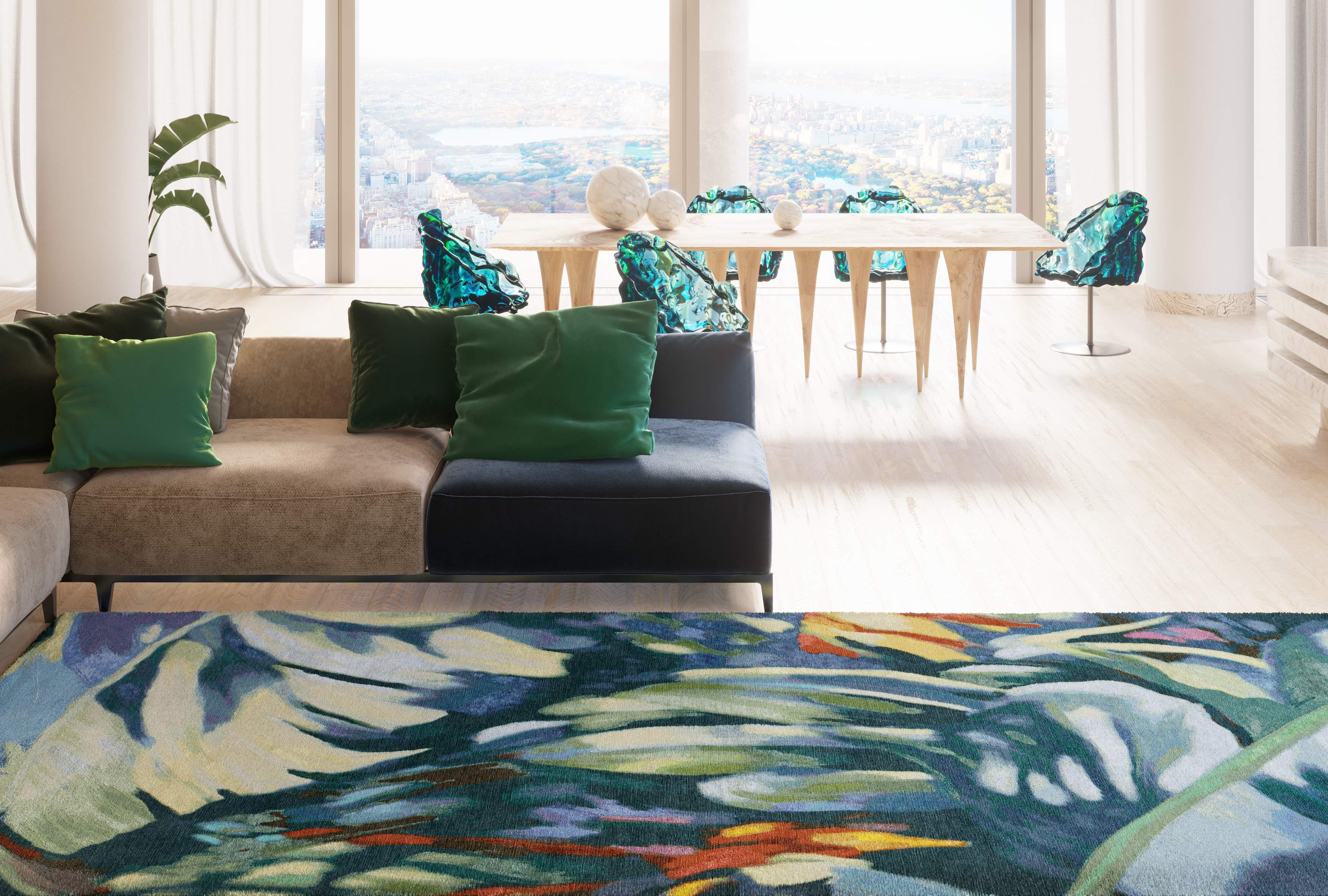 The Rainforest rug pattern immerses you in a tropical atmosphere. Its bright colors are sure to bring a special charm to your interior. 
The rug is handmade from natural materials with a high weave density of 80 knots per inch. Rainforest will allow