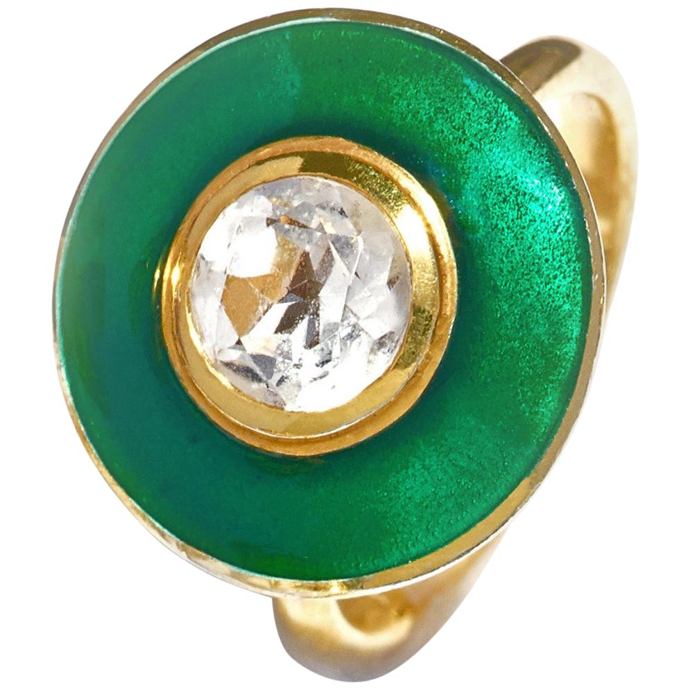 Rainforest Green Aurora Ring Vitreous Enamel 18 Karat Yellow Gold White Topaz