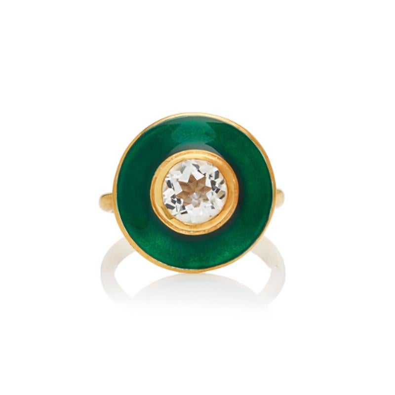 Aurora-Ring, Regenwaldgrün, Vitreous Emaille, 18 Karat Gelbgold, Weißtopas (Art déco)