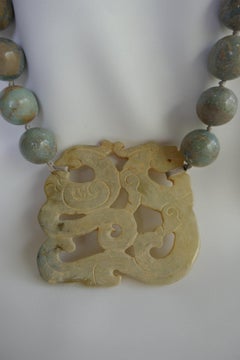 Rainforest Jasper (Tan Sage Green) Milky White Agate Dragon 925 Silver Necklace