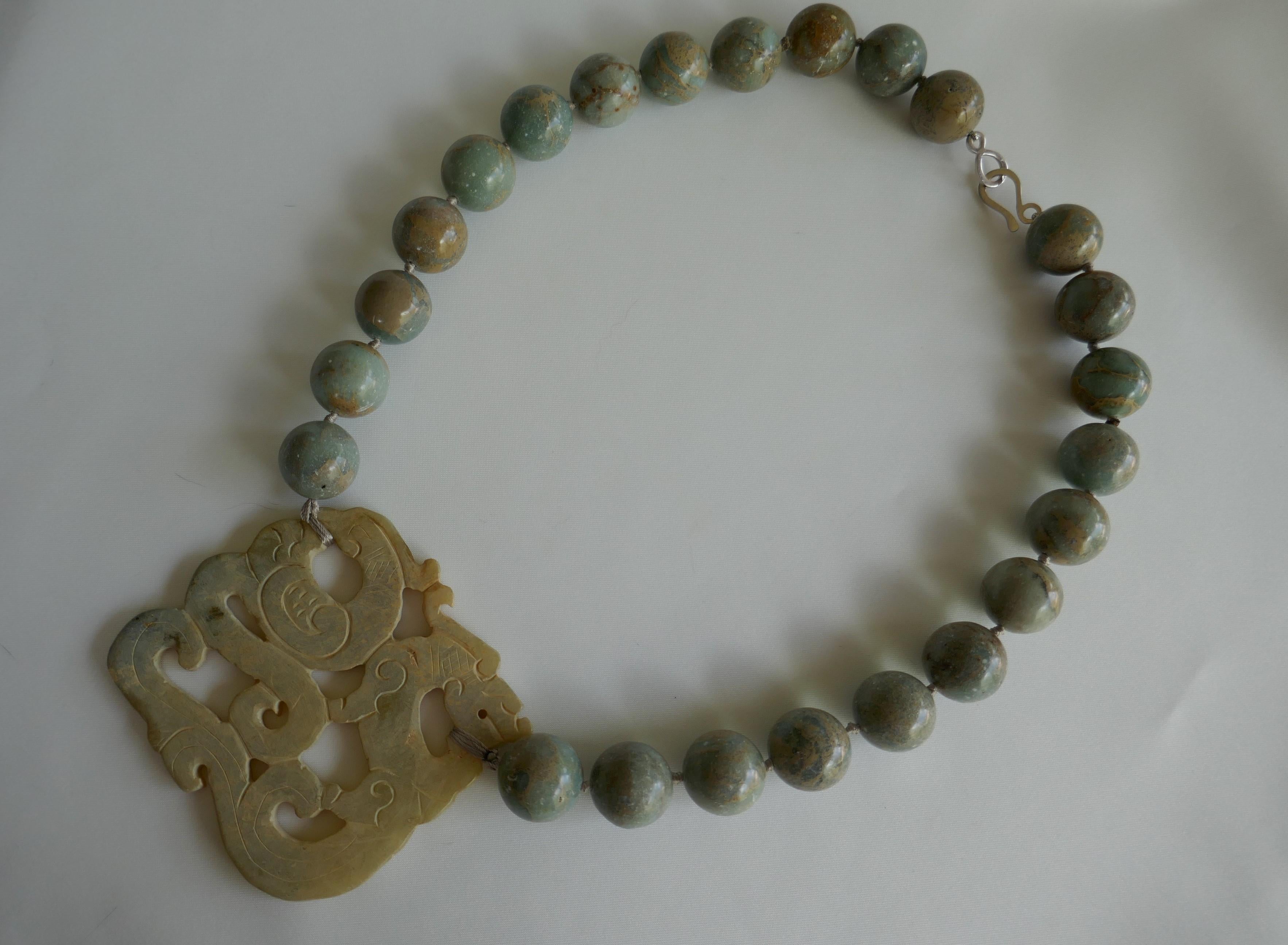 Rainforest Jasper (Tan Sage Green) Milky White Agate Dragon 925 Silver Necklace In New Condition For Sale In Coral Gables, FL