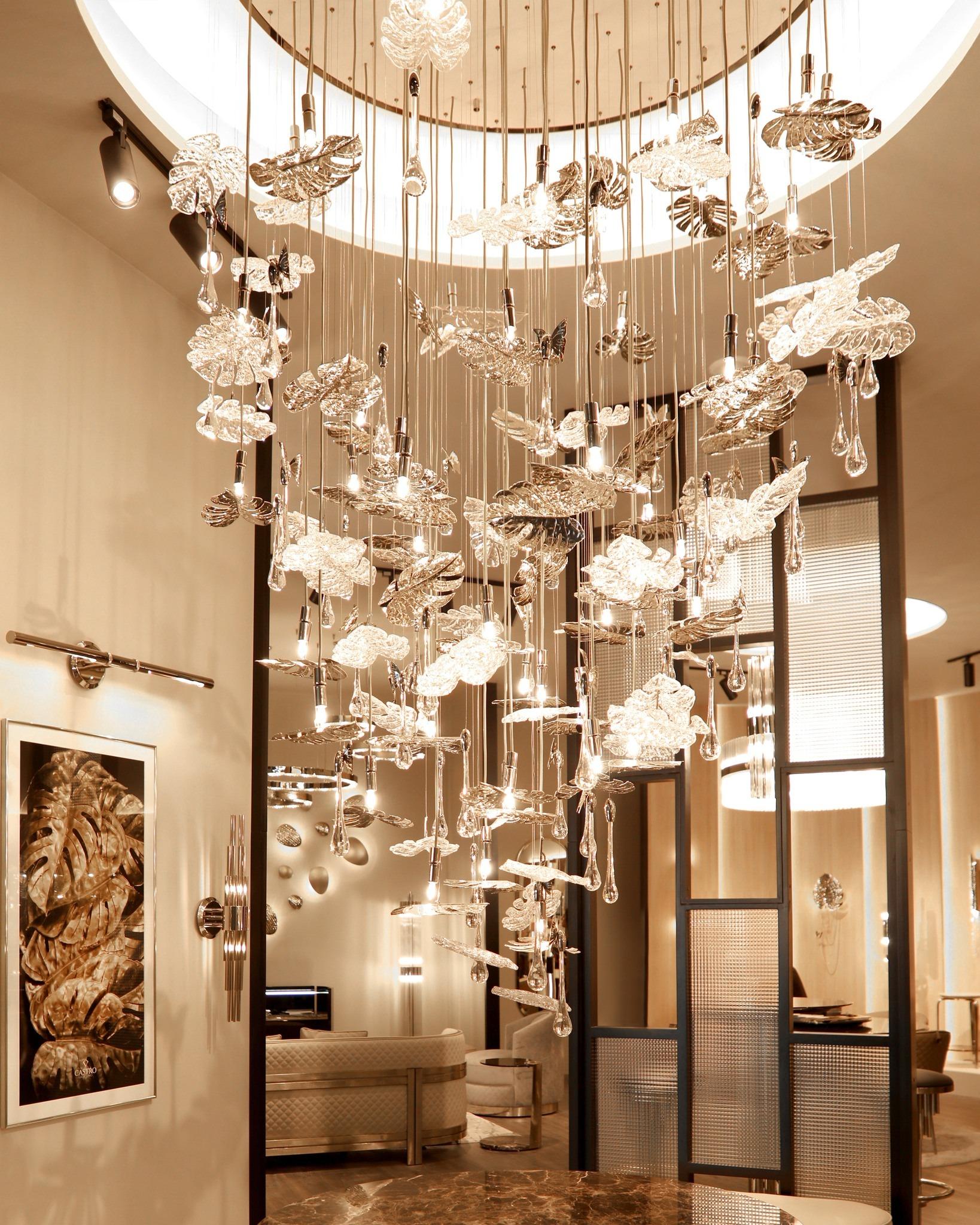 Minimalist Rainforest XL Round Chandelier, Gold-Plated Brass Leaf Accents & Crystals For Sale