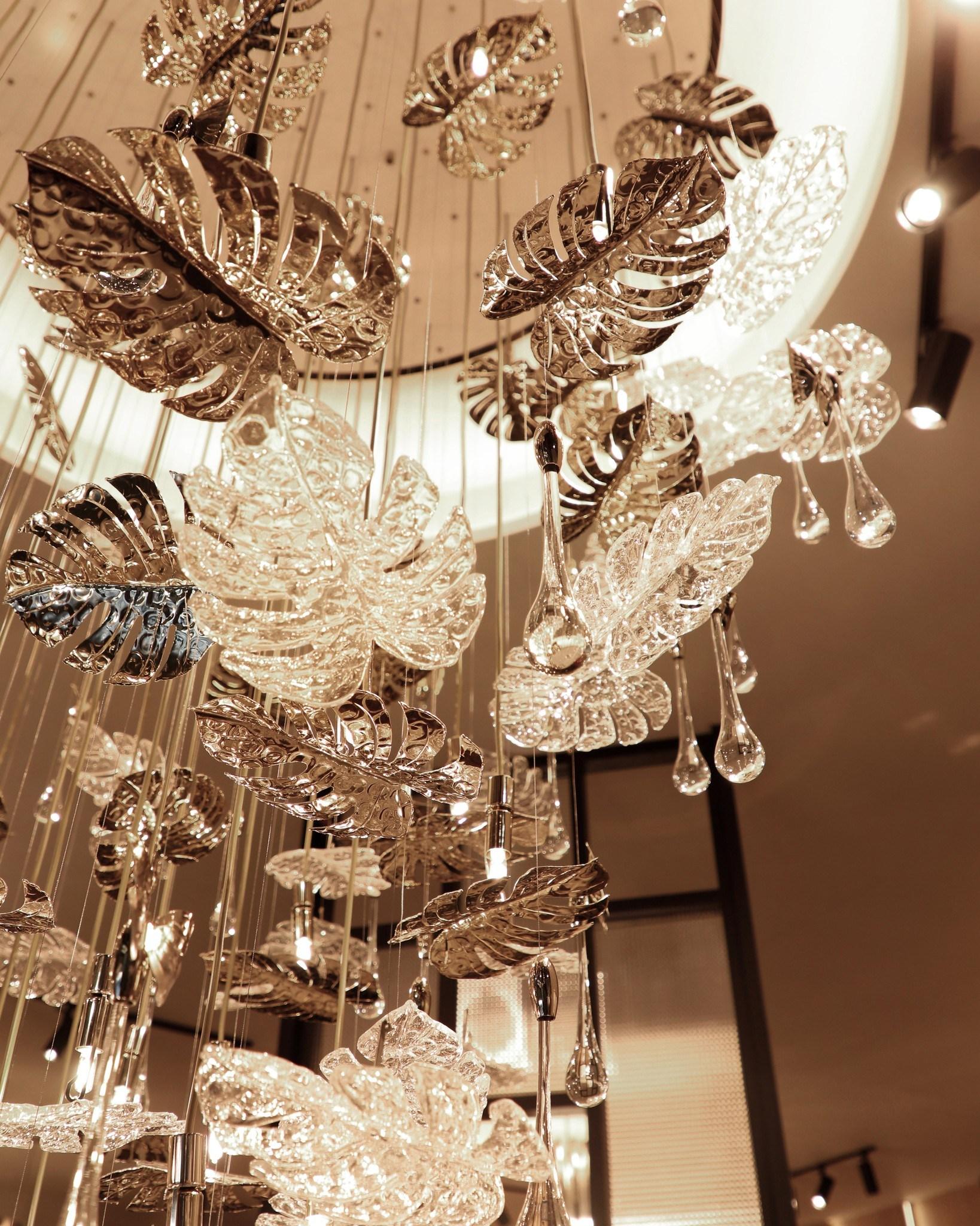 European Rainforest XL Round Chandelier, Gold-Plated Brass Leaf Accents & Crystals For Sale