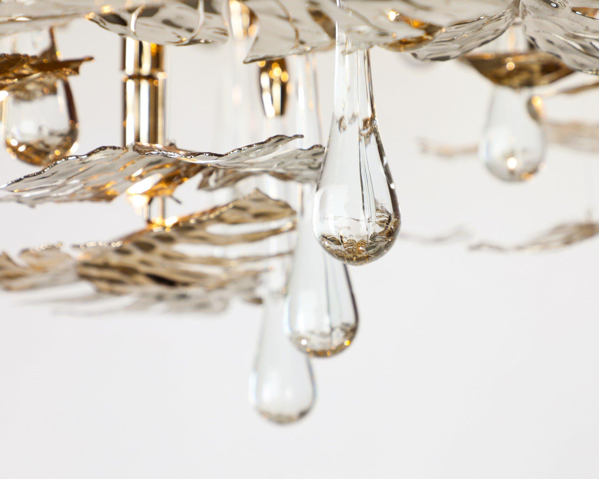 Hand-Crafted Rainforest XL Round Chandelier, Gold-Plated Brass Leaf Accents & Crystals For Sale
