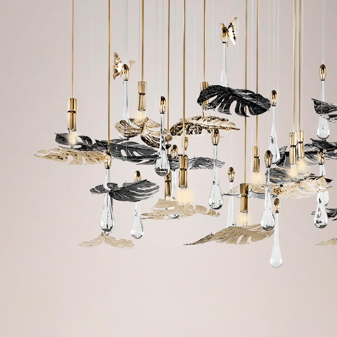 Rainforest XL Round Chandelier, Gold-Plated Brass Leaf Accents & Crystals In New Condition For Sale In NEW YORK, NY