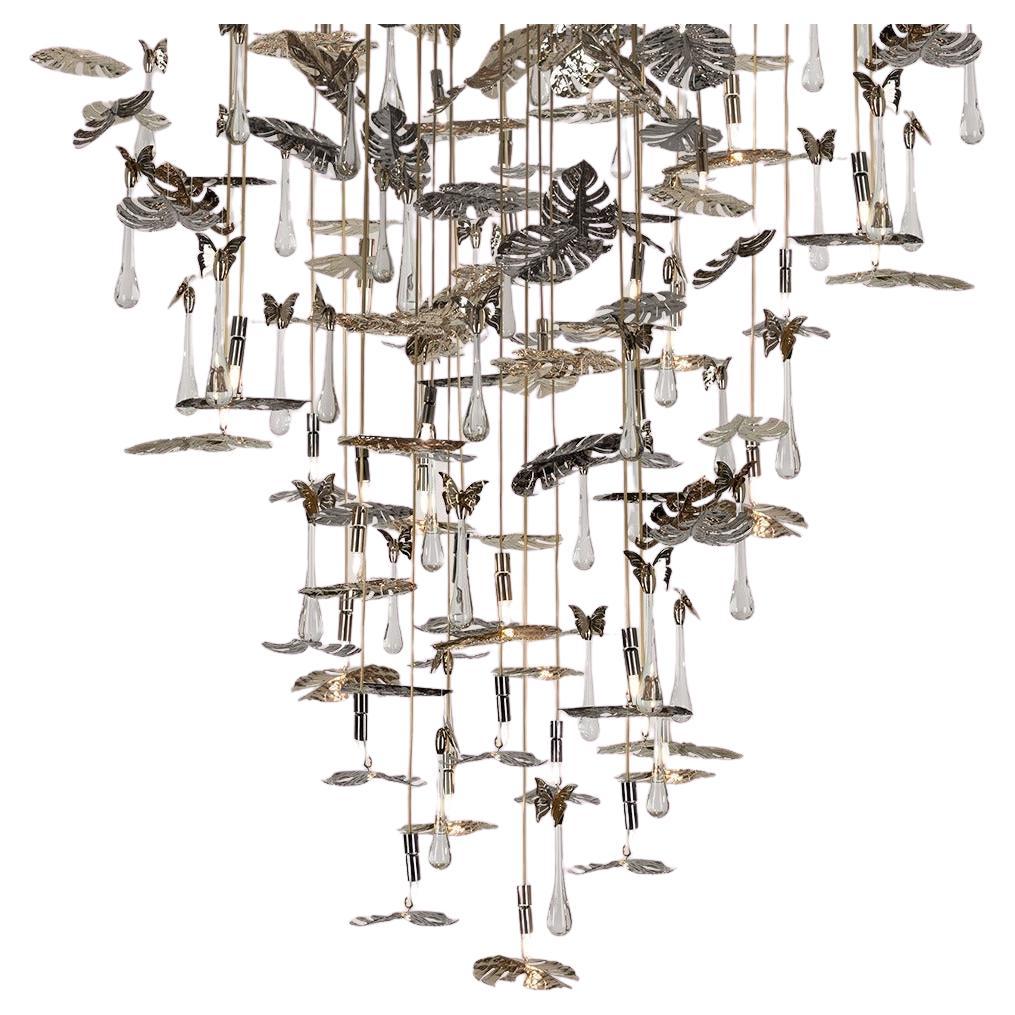 Rainforest XL Round Chandelier, Gold-Plated Brass Leaf Accents & Crystals