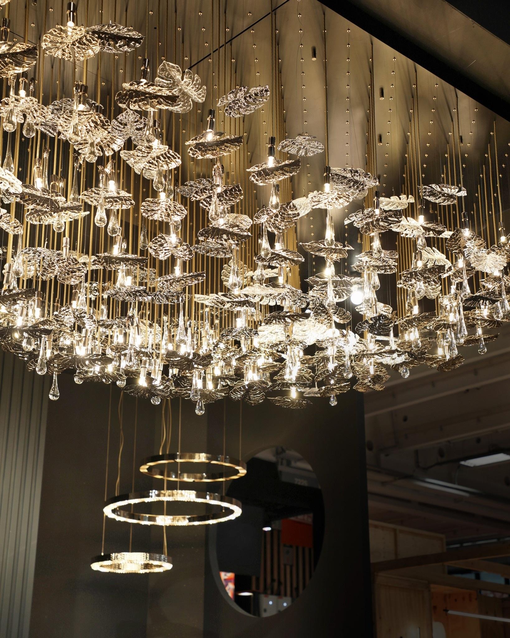 Contemporary Rainforest XL Suspended Chandelier, Gold-Plated Brass Leaf Accents & Crystals For Sale