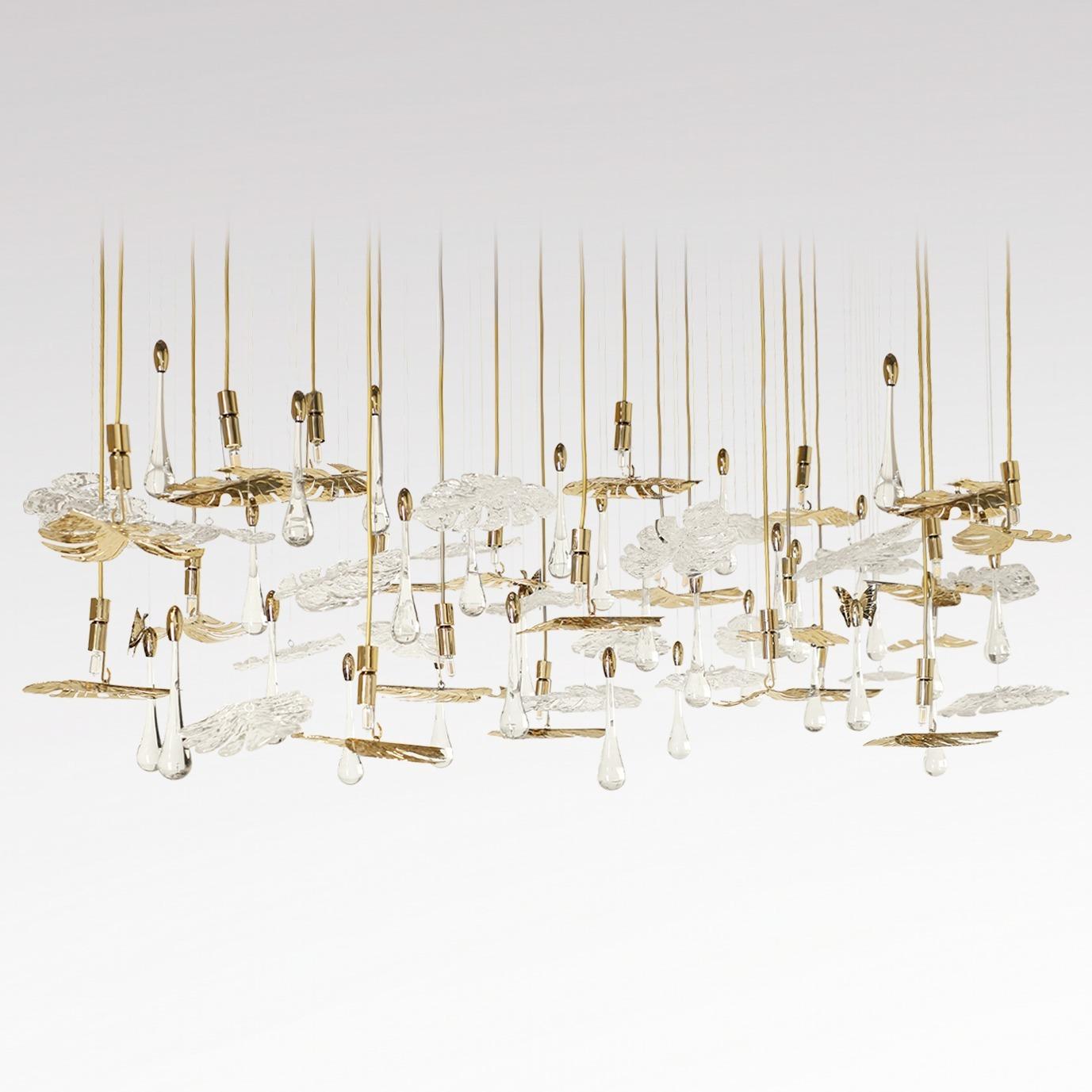 Rainforest XL Suspended Chandelier, Gold-Plated Brass Leaf Accents & Crystals For Sale 2