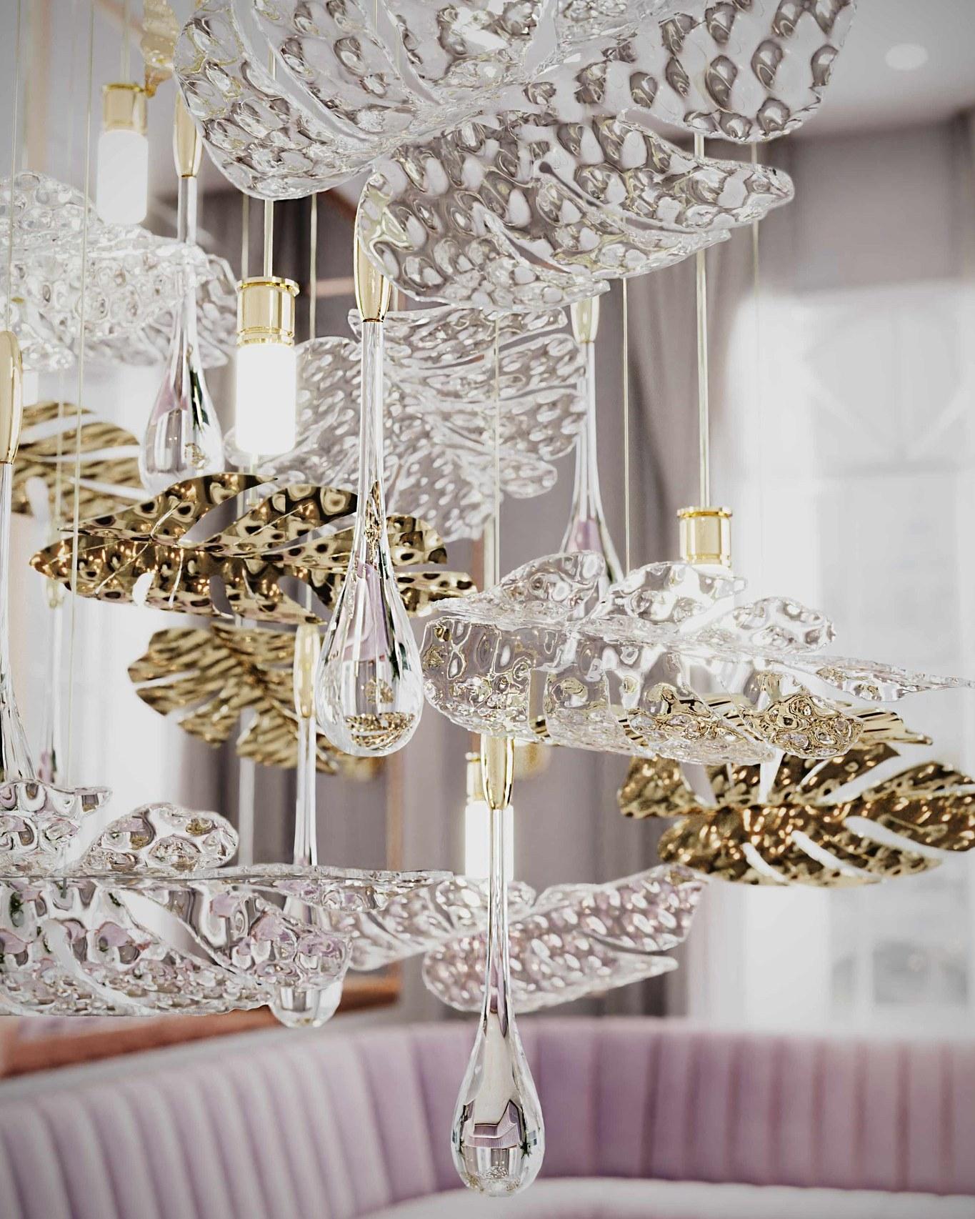 European Rainforest XL Suspended Chandelier, Gold-Plated Brass Leaf Accents & Crystals For Sale