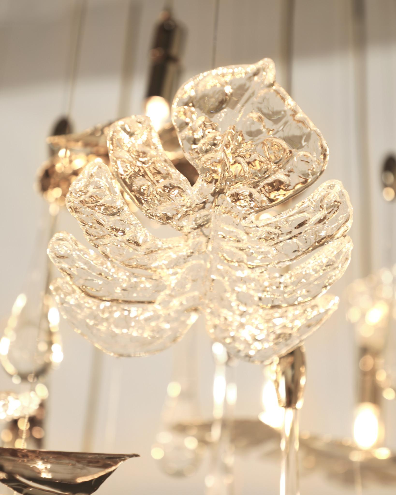 Hand-Crafted Rainforest XL Suspended Chandelier, Gold-Plated Brass Leaf Accents & Crystals For Sale
