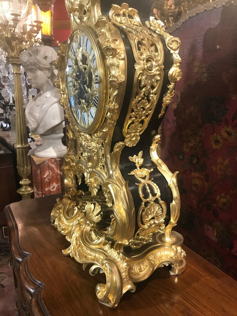 Ebonized Raingo Freres Gilt Bronze Clock For Sale