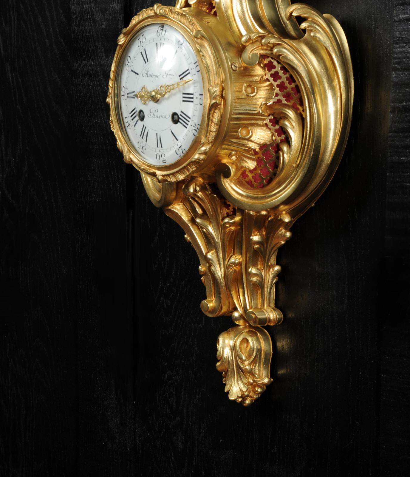 Raingo Freres Louis XV Rococo Antique French Gilt Bronze Cartel Wall Clock 7