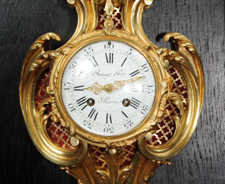 Raingo Freres Louis XV Rococo Antique French Gilt Bronze Cartel Wall Clock For Sale 8