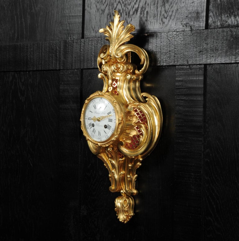 19th Century Raingo Freres Louis XV Rococo Antique French Gilt Bronze Cartel Wall Clock For Sale