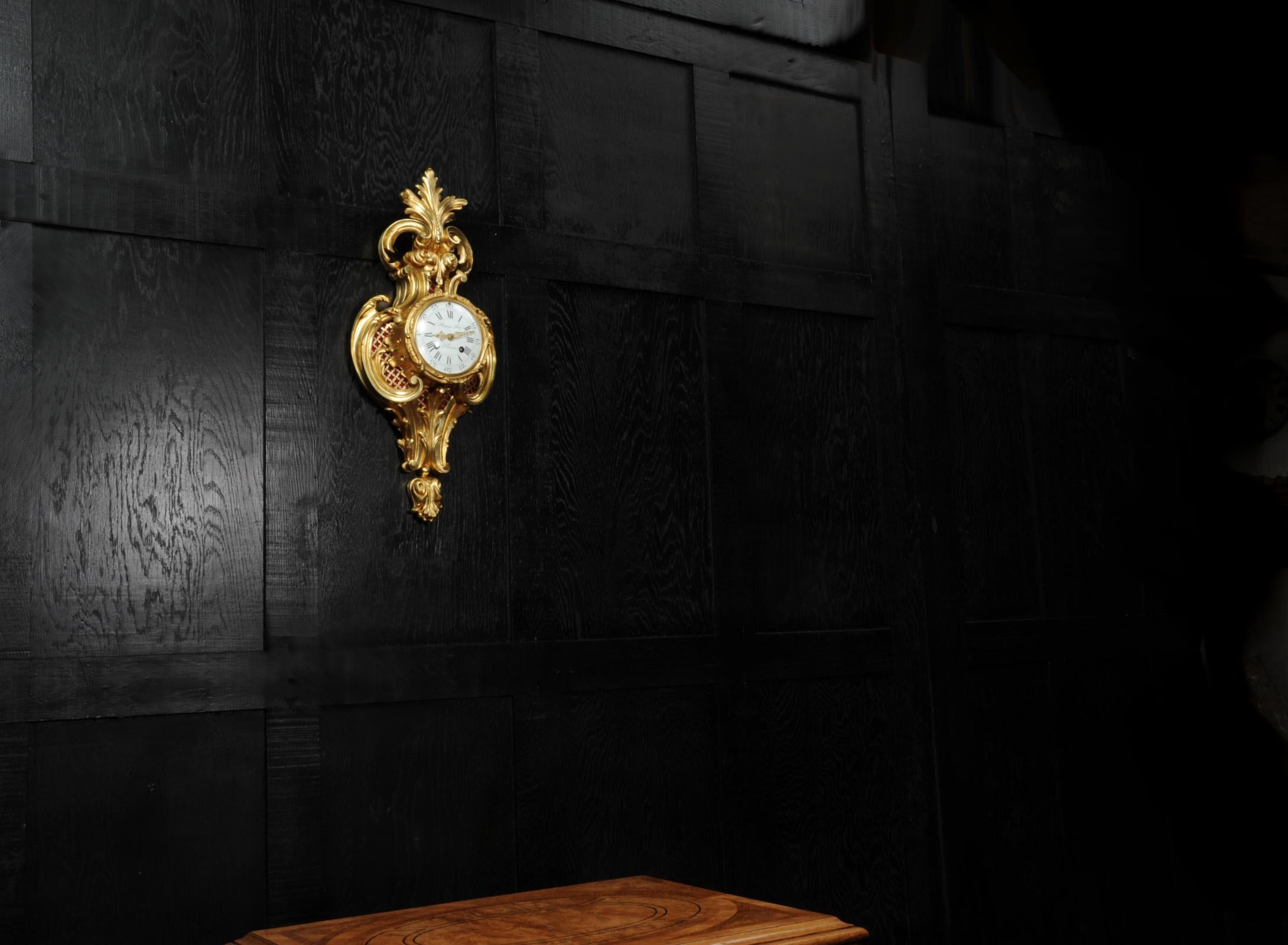 Raingo Freres Louis XV Rococo Antique French Gilt Bronze Cartel Wall Clock 1
