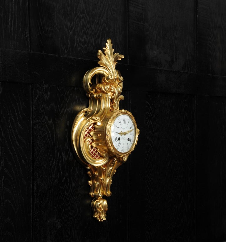 Raingo Freres Louis XV Rococo Antique French Gilt Bronze Cartel Wall Clock For Sale 4